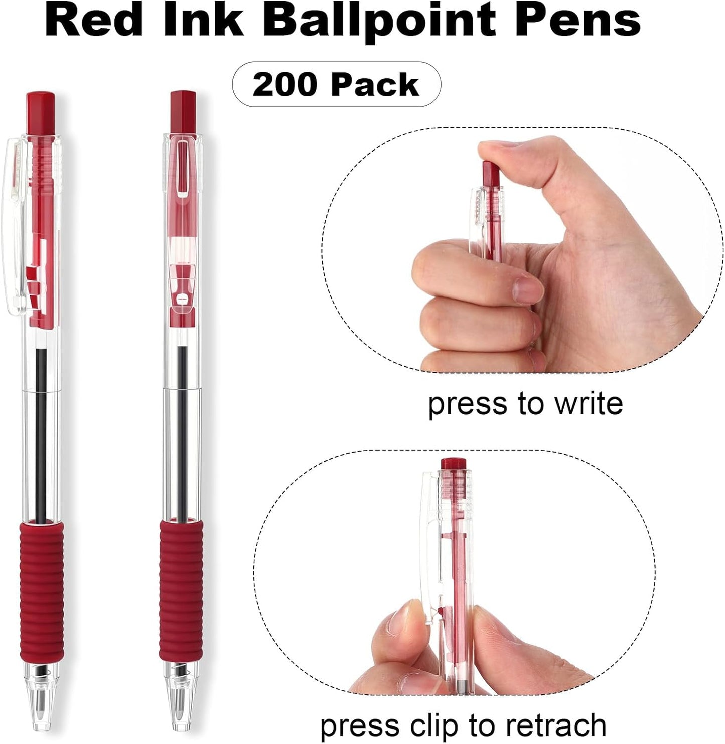 200 Pack Red Gel Ink Pens Bulk, 1.0mm Retractable Click Point Ballpoint Pens Smooth Writing with Comfortable Grip for Back to School Office Classroom Business Home Work Supplies