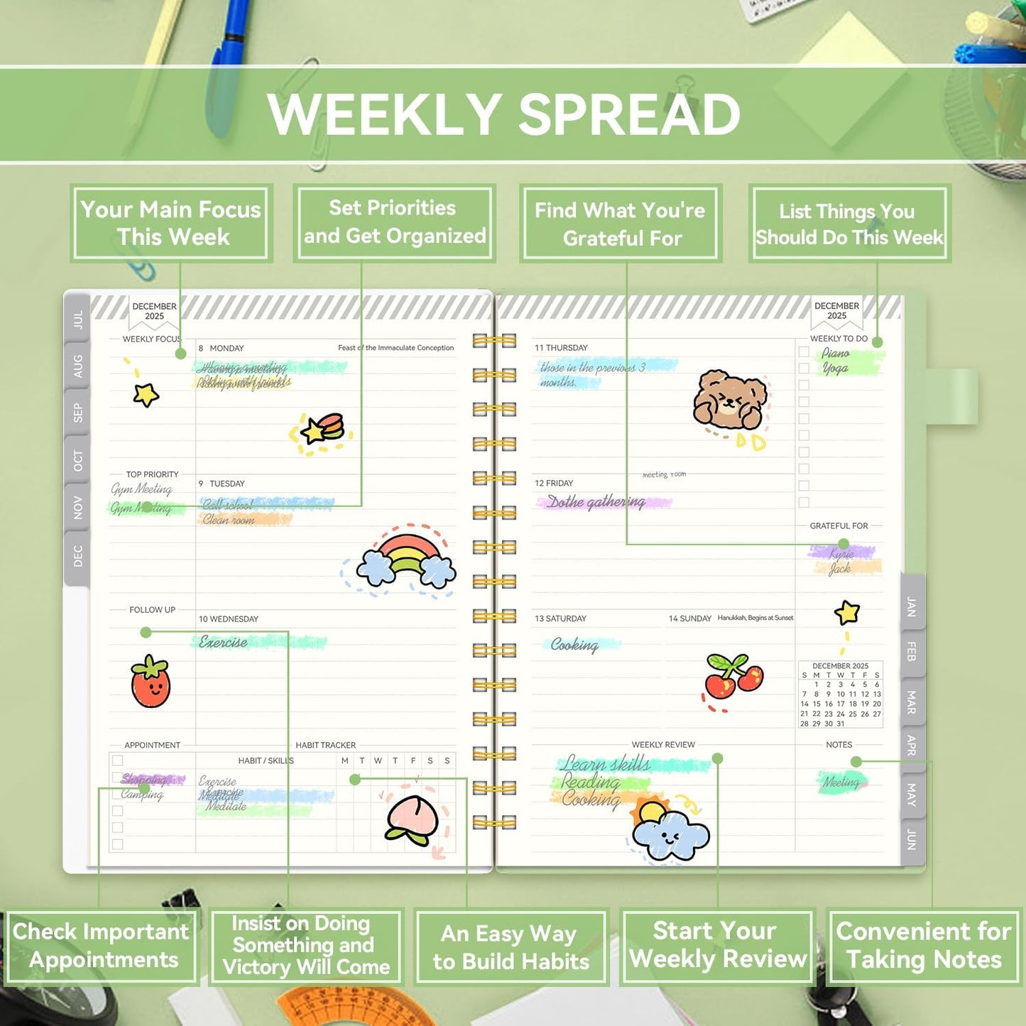 2025-2026 Planner, Weekly and Monthly Planners for Women, AIMPEAK Academic Calendar Planners for Teacher&Student, Jul.2025 - Jun.2026, Monthly Tabs, Spiral Binding, Green, 5.5"x8.5"