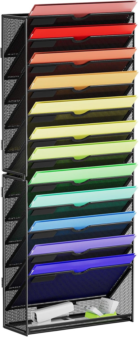 Marbrasse Wall File Holder 13-Tier Hanging Wall File Organizer, for Papers, Files Clipboard & Magazine Organizer, Wall Mount File Holder Great for Office Home (Black)