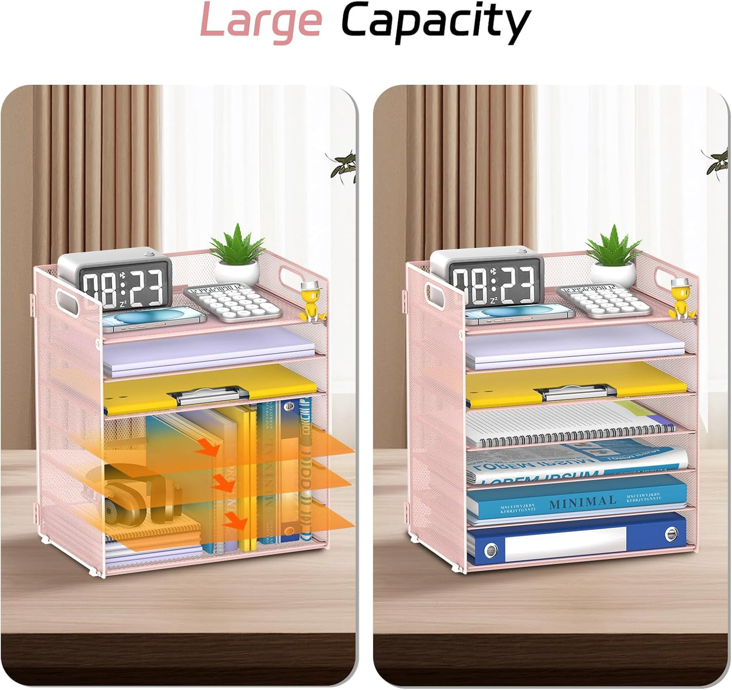 7 Tier Paper Organizer - Mesh Desktop File Holder with Handles for Office School Desk, Black (Pink)