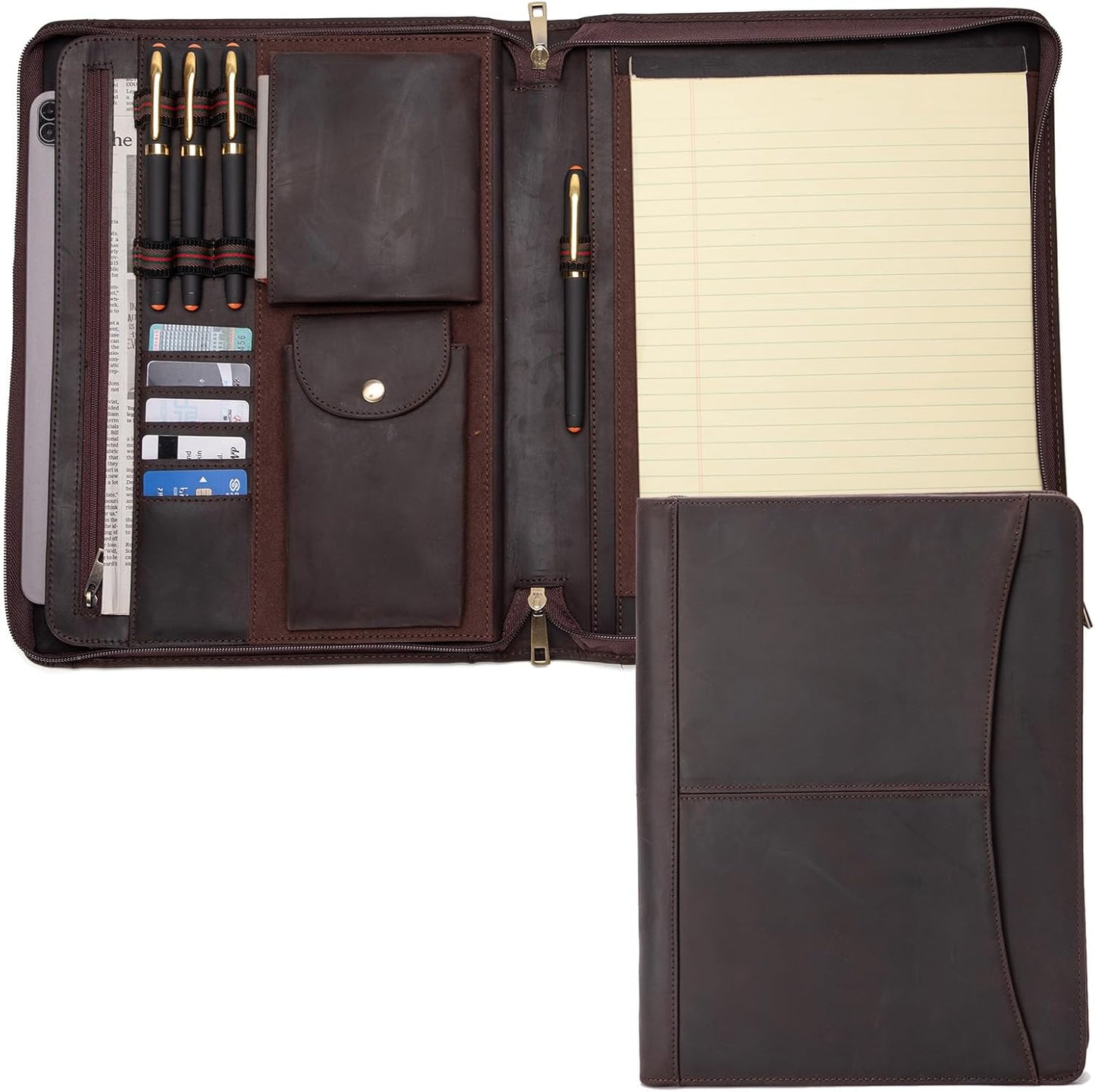 Genuine Leather Portfolio with Front Pocket for Men and Women, Zippered Padfolio Binder 8.5 x 11 Legal Pad Notebook Holder, Fits 13” Laptop, Professional Work File Case, Dark Brown