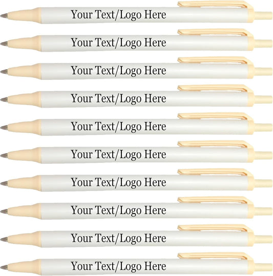 Personalized Click Stick Pens With your Custom Logo or Text-300 Pack Bulk-for Businesses, Parties, and Events, Custom Printed Retractable Slim Ballpoint Pens, Cream, Black Ink