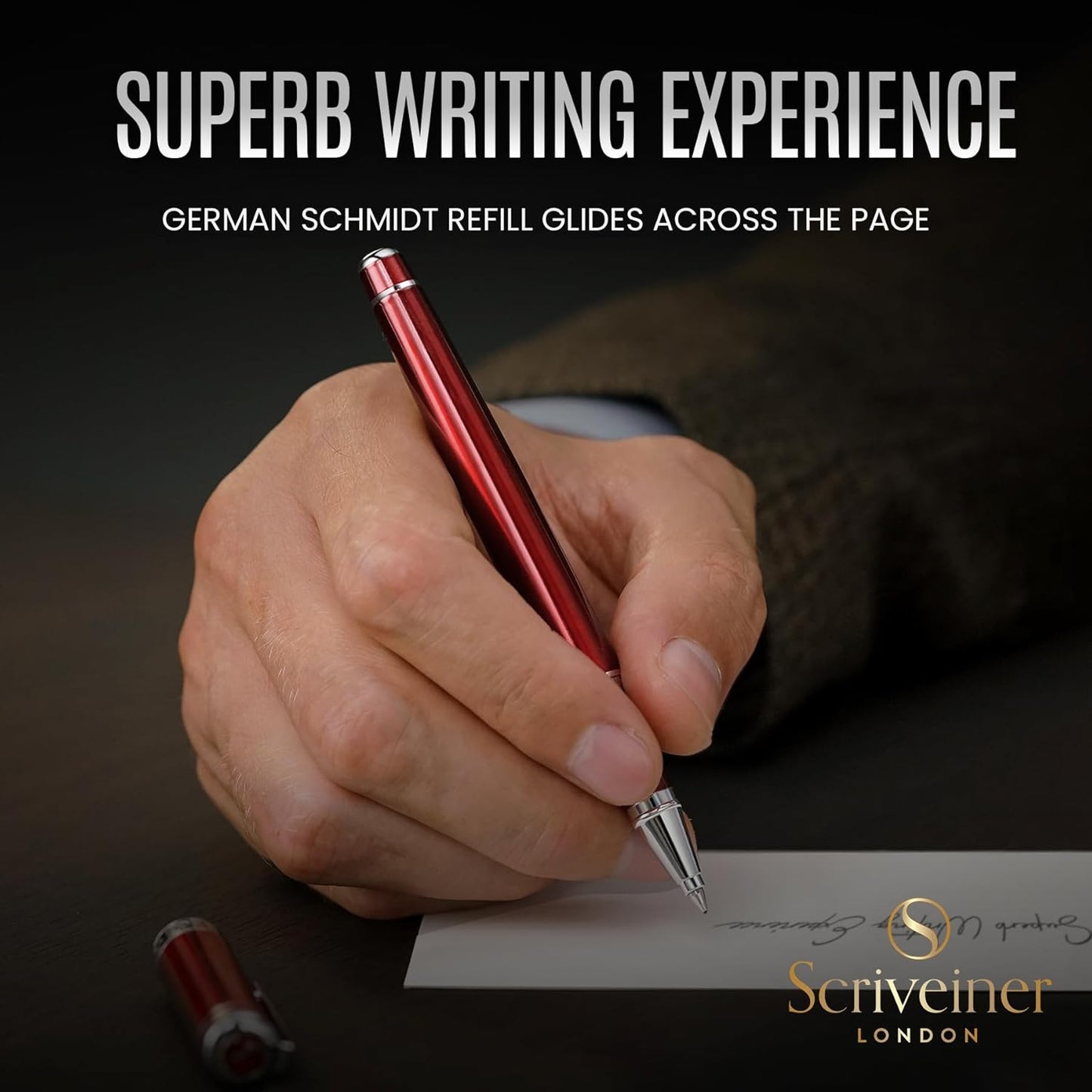 Scriveiner Personalized Deep Crimson Red Pen - Stunning Red Lacquer Luxury Pen with Chrome Finish, Schmidt Ink Refill, Best Engraved Roller Ball Gift Set for Men & Women, Custom Name Engraving