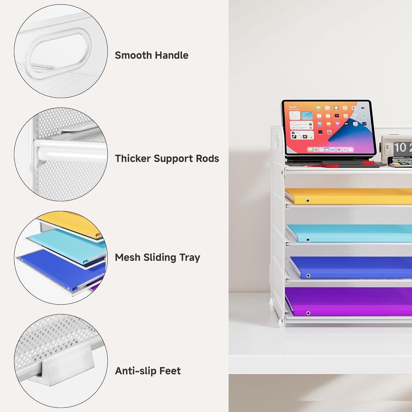 5 Tier Paper Organizer with Handle, Metal Mesh Desk Organizer File Folder Paper Letter Tray Desktop Document Sorter for Classroom, School, Office Accessories Organization and Storage - White