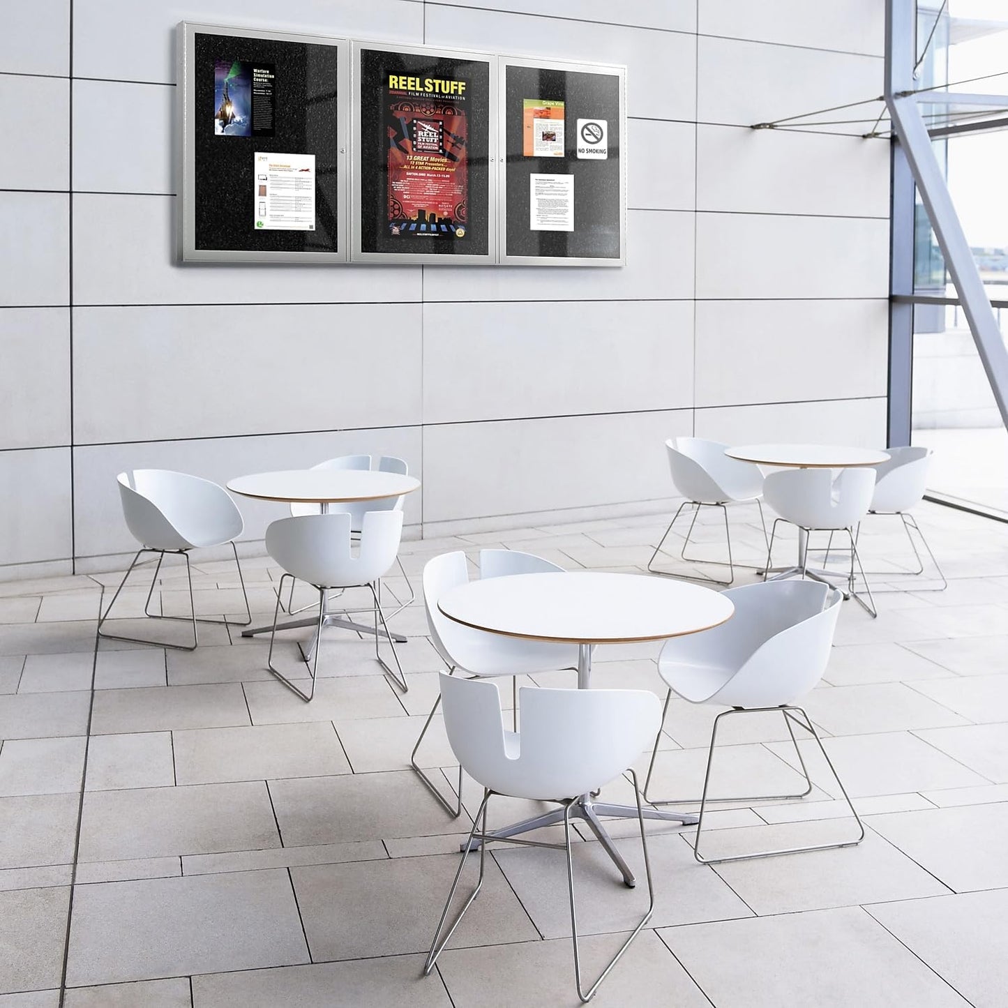 Ghent 36"x72" 3-Door indoor Enclosed Recycled Rubber Bulletin Board, Shatter Resistant, with Lock, Satin Aluminum Frame, Confetti (PA33672TR-CF) ,Made in the USA