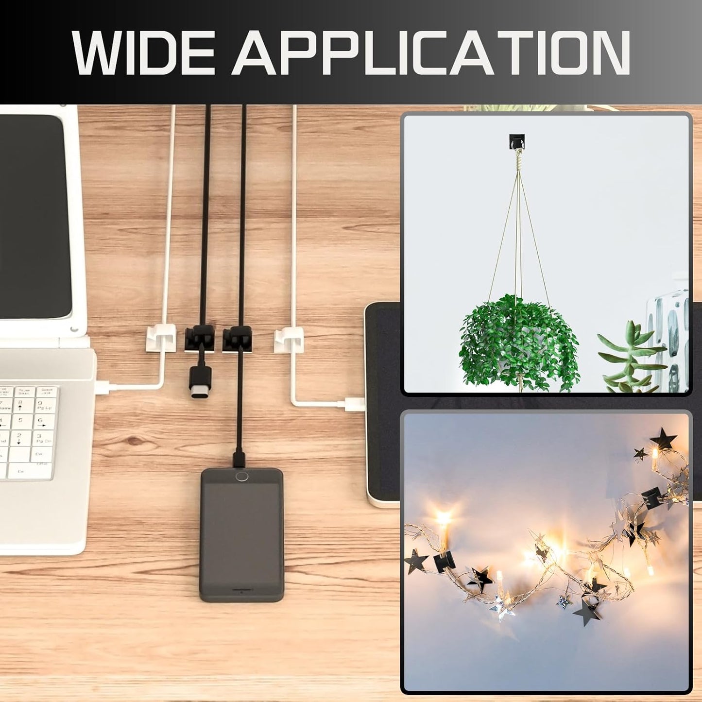 100PCS Cable Clips, Adhesive Wire Clips Strong Cord Clips Wire Holders, Cable Management Clips for Desk, Wall, Car, TV, Ethernet Cable (Black, Medium)