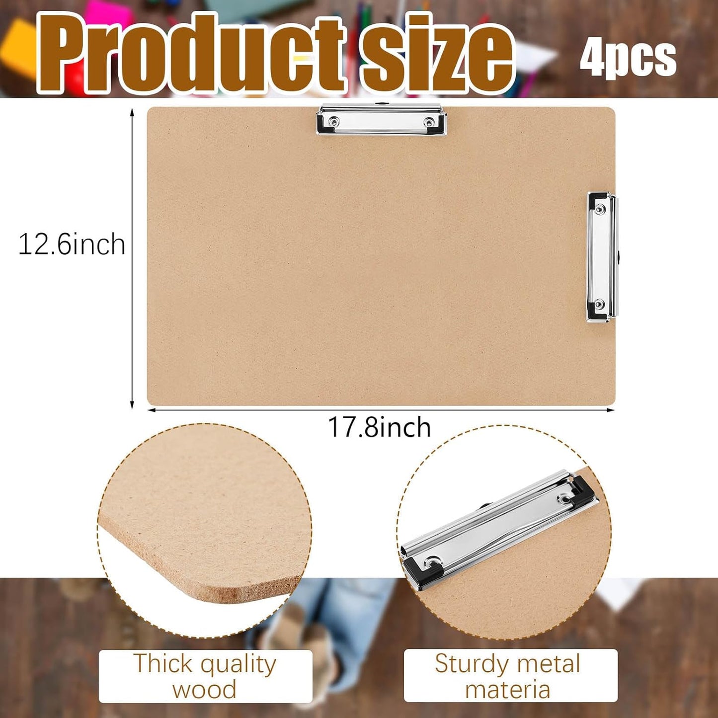Henoyso 4 Pcs 11x17 Clipboard Wooden Lap Board with Low Profile Clip Brown Double Landscape Clip Hardboard Drawing Board Landscape Horizontal Large Clipboard for Desk Paper Sketching Art Supplies