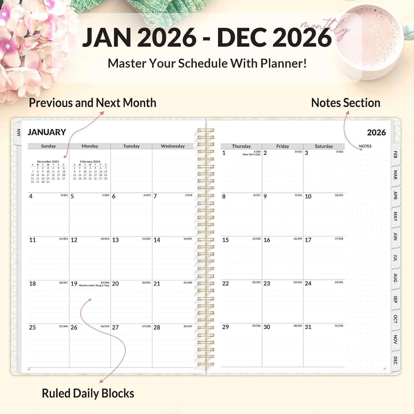 SUNEE Planner 2026 Weekly and Monthly, January 2026-December 2026, 8.5"x11", Tabs, Note Pages,Spiral Binding, Watercolor Flowers