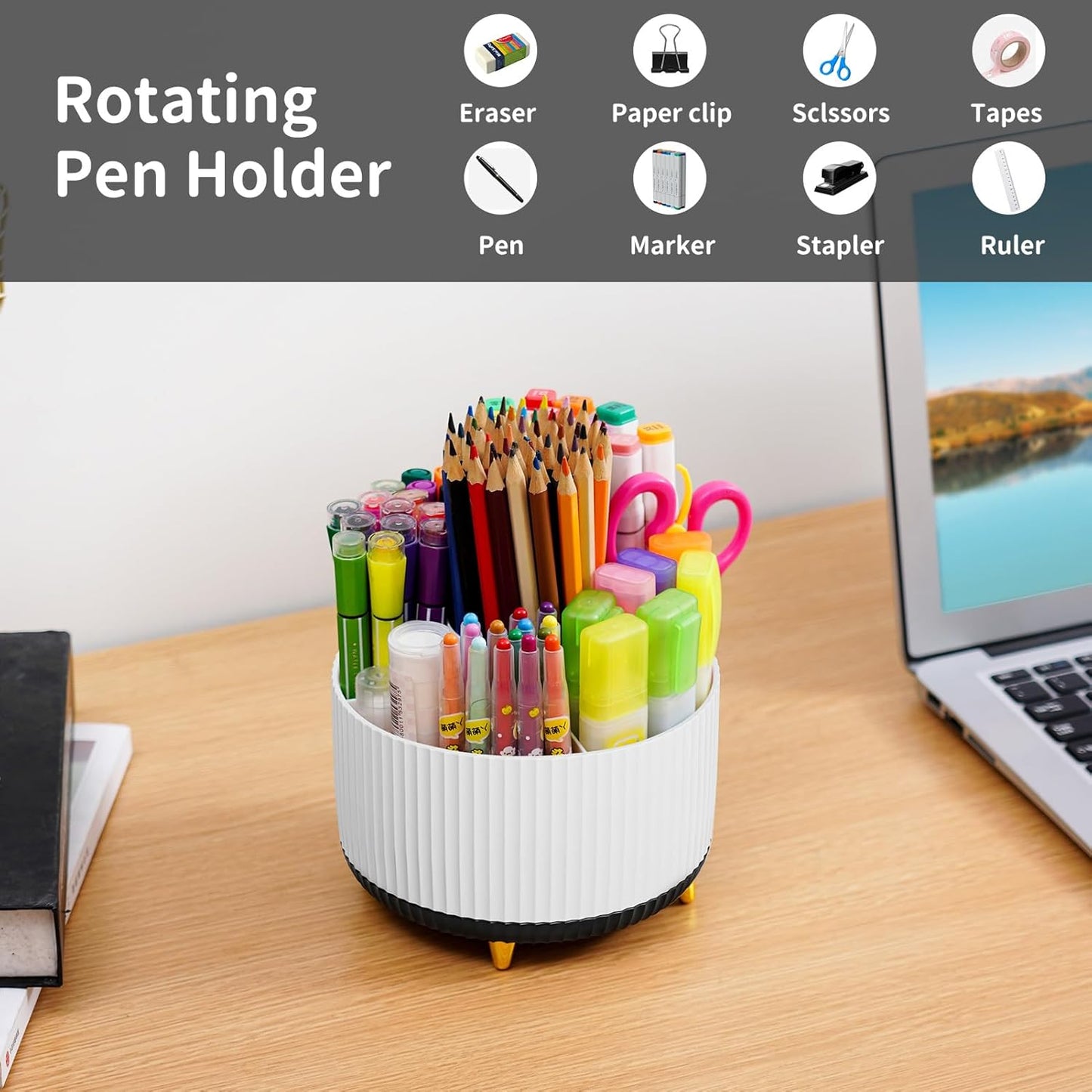 Marbrasse Desk Organizer, 360-Degree Rotating Pen Holder, Desk Organizers and Accessories with 5 Compartments Pencil Holder, Art Supply Storage Box Caddy for Office, Home (White+Black)