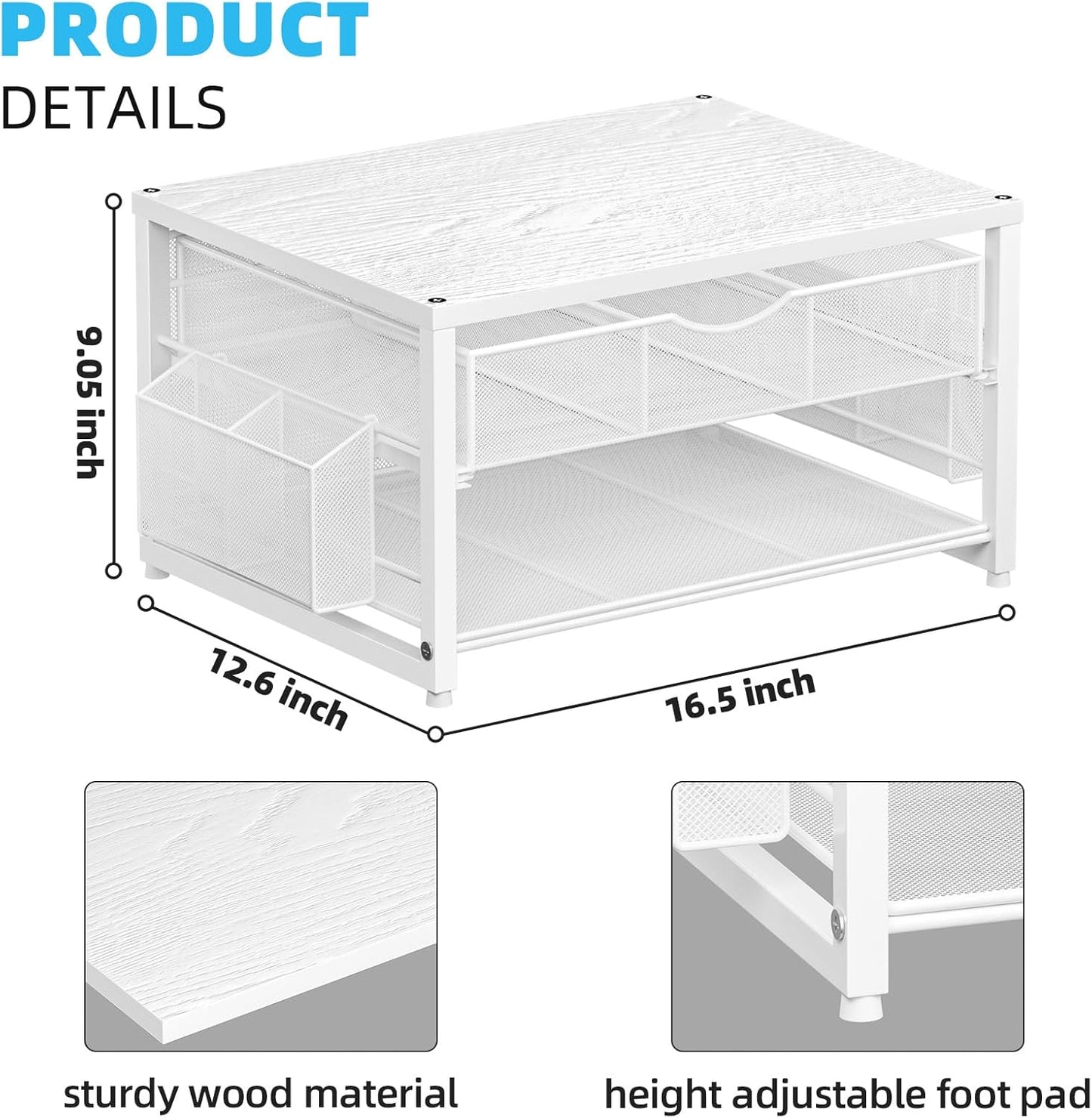 Marbrasse Wood Printer Stand for Desk, 2-Tier Desktop Printer Table for Home Office, Printer Stand with Storage Drawer 2 Pen Holders, Multi-Purpose Desk Organizer for Fax Machine Scanner(Wood White)
