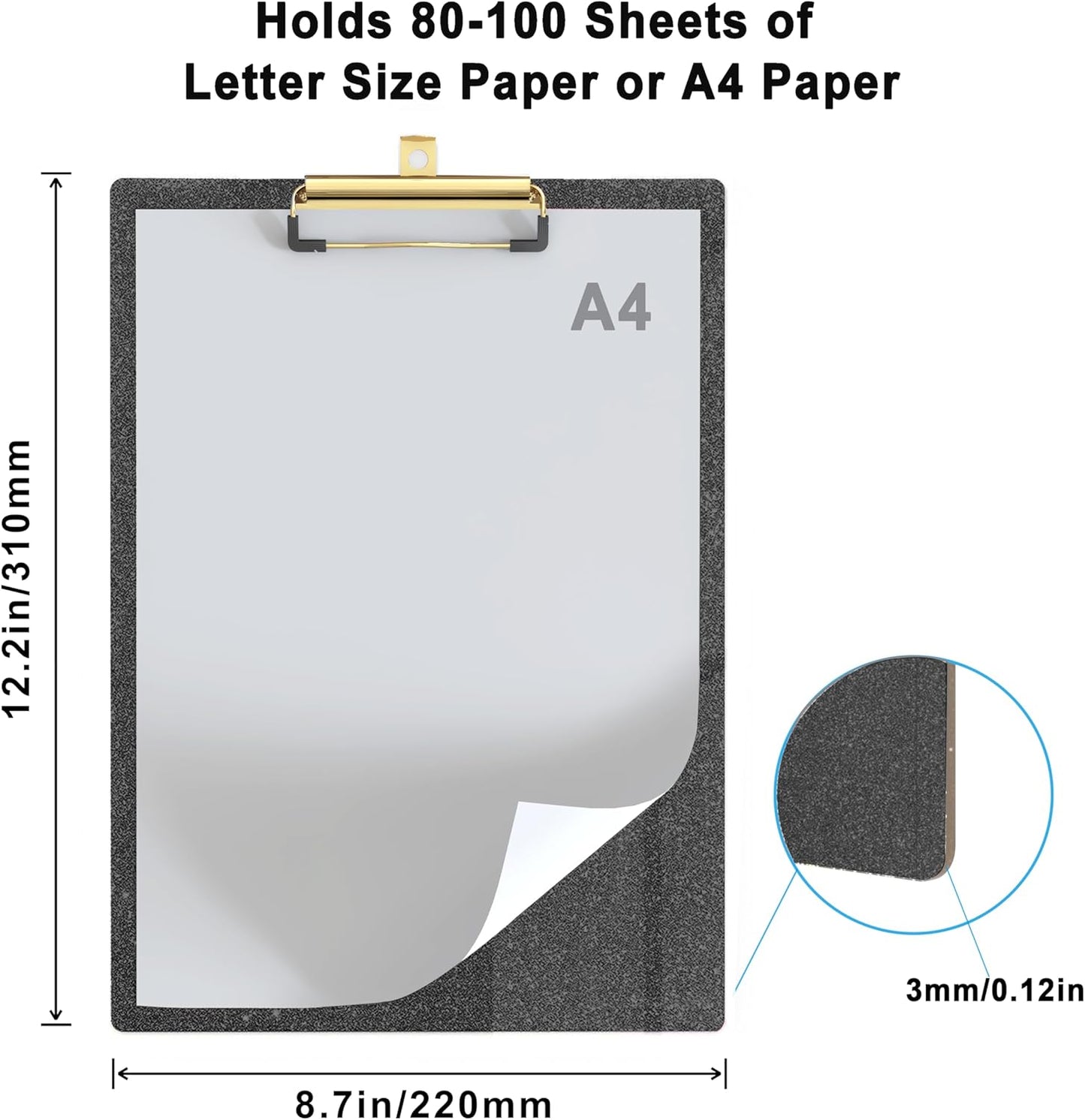 Glitter Acrylic Clipboard Decorative Standard A4 Letter Size 12.2" x 8.7", Fashion Bling Clip Boards with Designed Low Profile Gold Clip for Classroom Office - Black