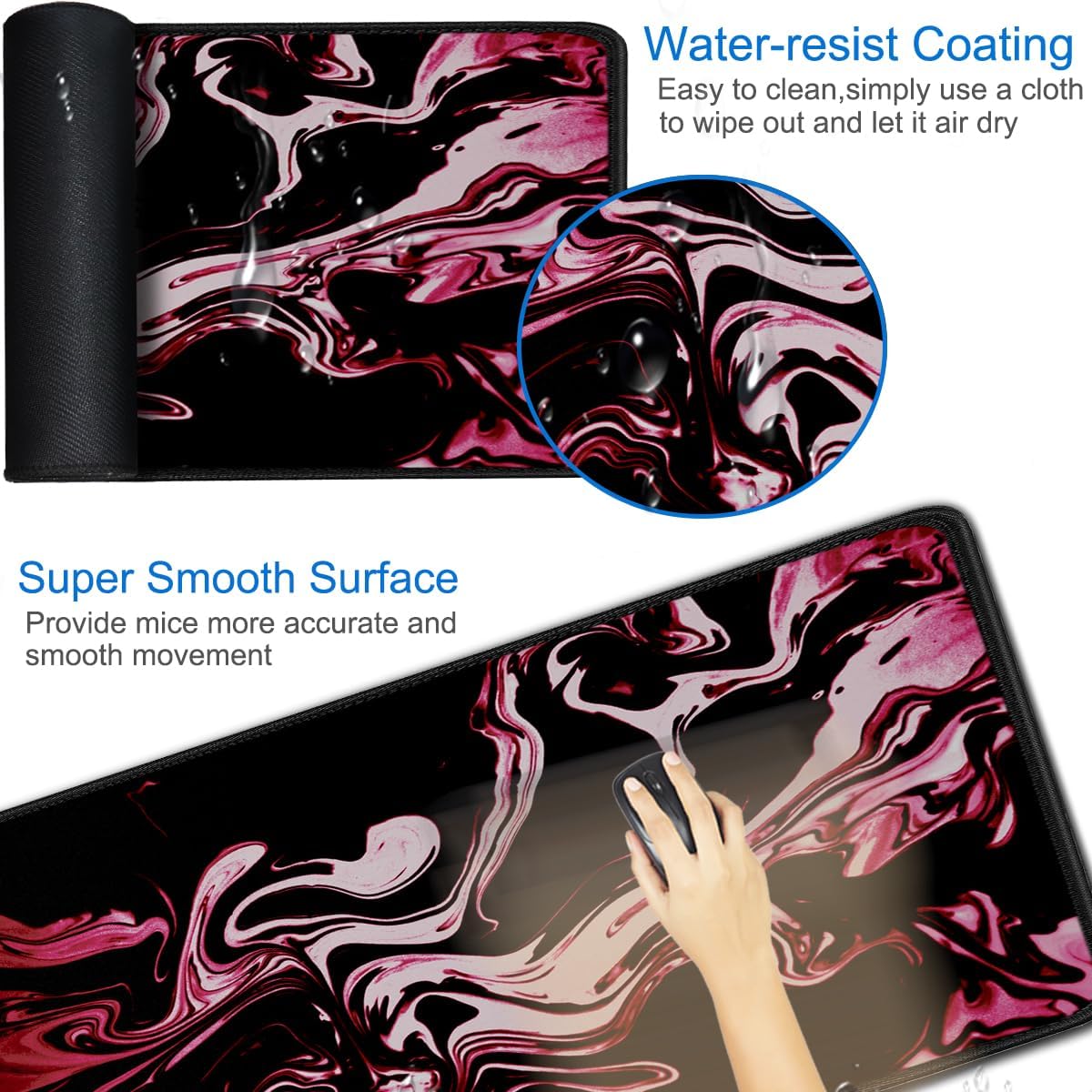 Gaming Mouse Pad, 31.5x15.7 inch Large Extended Computer Keyboard Mouse Mat, Water Resist Non-Slip Mousepad Rubber Base Long XXL Desk Mouse Pad for Gaming, Office & Home, Marble Red