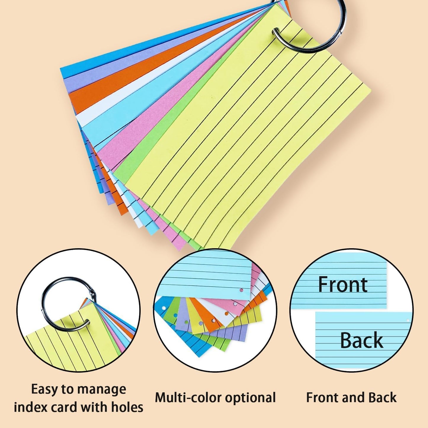 TFLFL Index Paper Cards 3x5 Inch, 300PCS Flash Cards with Rings, Thin Paper 8 Colors Ruled Index Cards, Assorted Lined Colored Flashcards, Study Card Note Cards Memo Pad for Office School