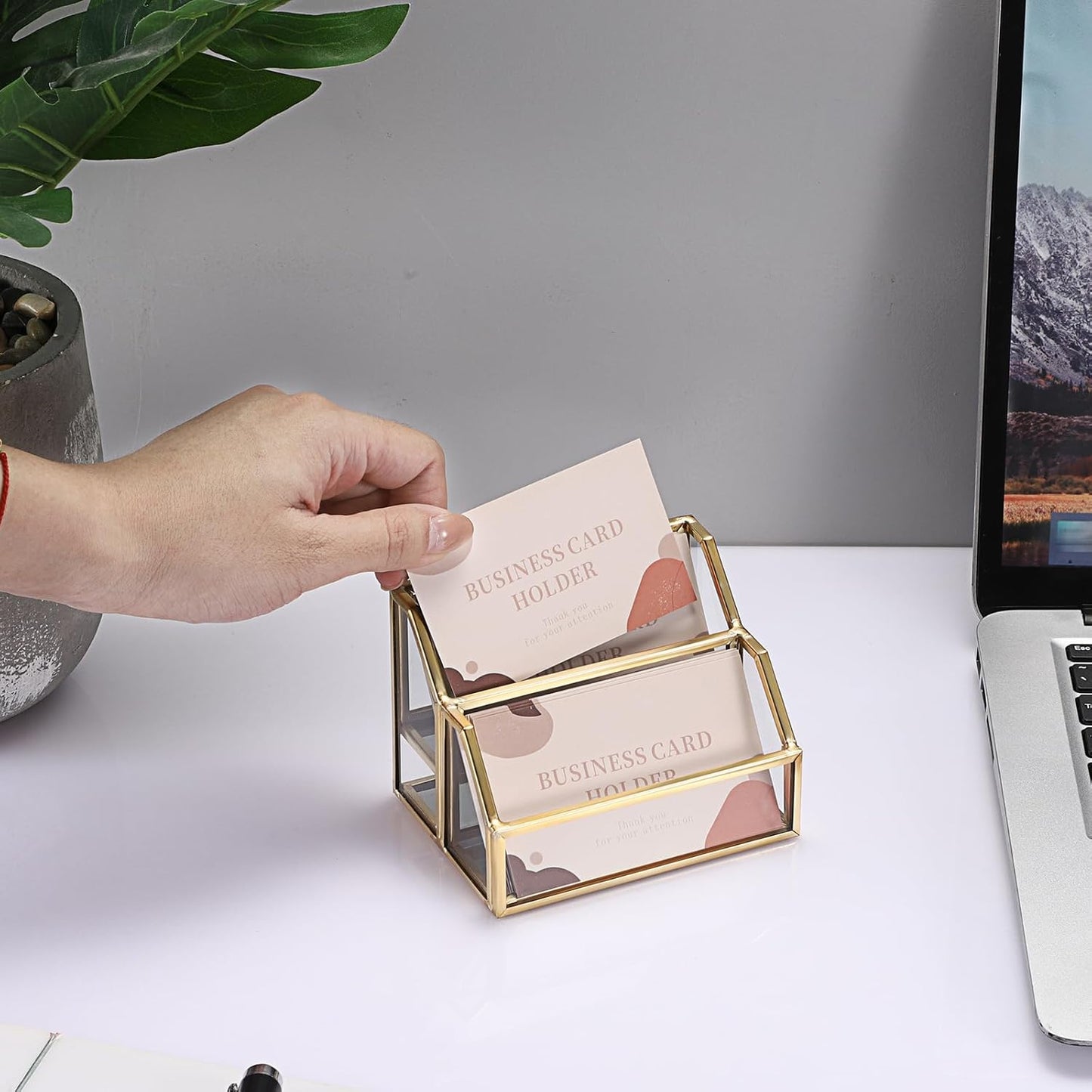 Hipiwe Glass Business Card Holder 2 Slots Gold Business Card Stand Mirrored Base Name Display Holder for Desk Multiple Clear Business Card Holder Display for Office