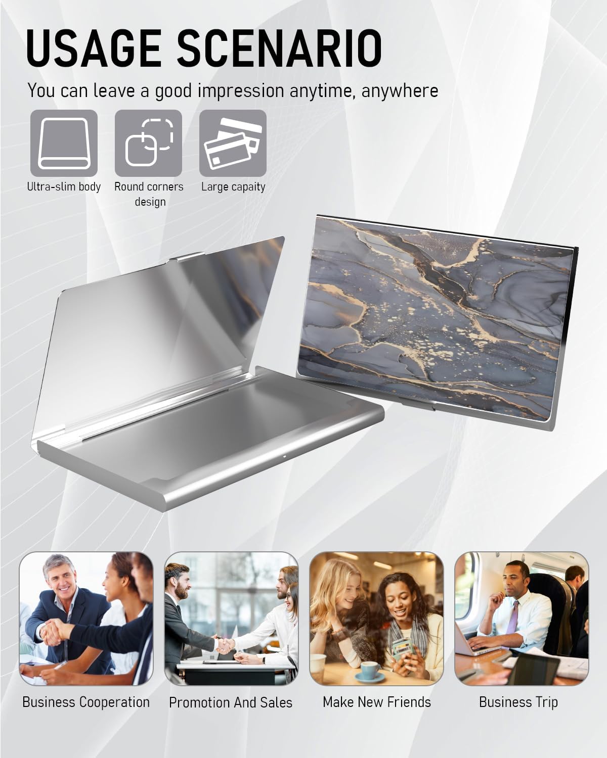 Business Card Metal Slim Organizer, Professional Stainless Steel Square Pocket Wallet for Office Workers, Compact and Portable for Pockets (Grey Gold Marble)