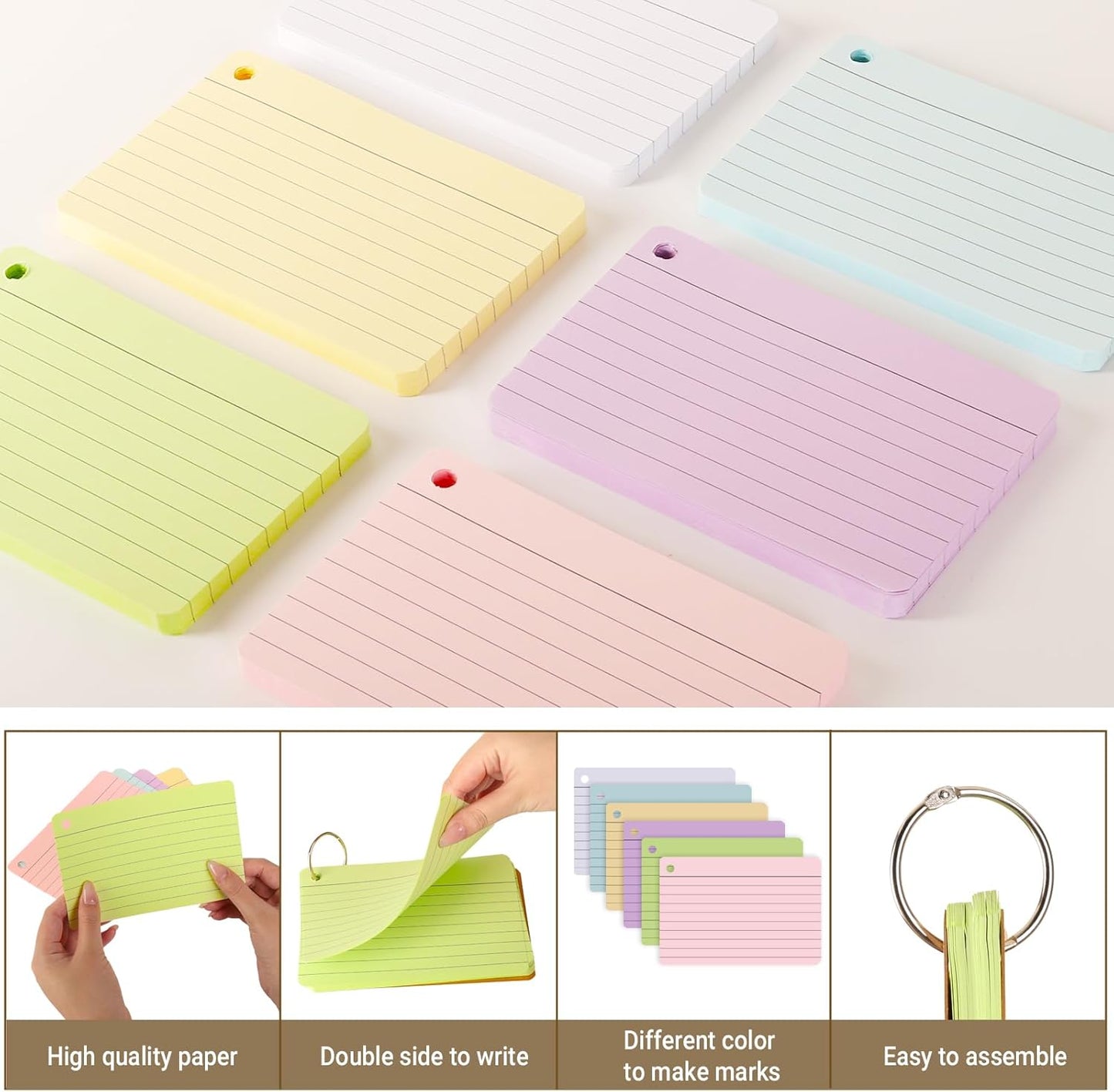 6 Pack Lined Index Cards 4 x 6 Inches, 360 PCS Colored Ruled Index Flashcards Lined Flash Cards with Rings, Note Cards Punched for Study, Office and Home