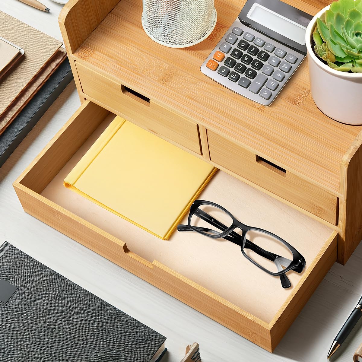 Bamboo Desk Organizer With 3 Drawers Desktop Organizer Modren Table Storage Organizer For Office Home Toiletries Supplies Vanity Kitchen, No Assembly Required, Odorless