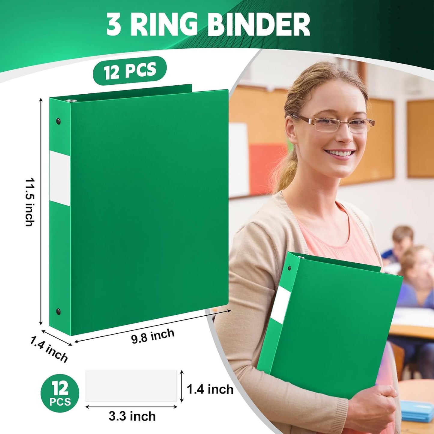 12 Pcs 1 Inch 3 Ring Plastic Binder Flexible Binders Bulk Fits Letter Size 8.5'' x 11'' Paper Holds up to 225 Sheets with 1 Pockets Versatile Binder for School Office Home (Green)