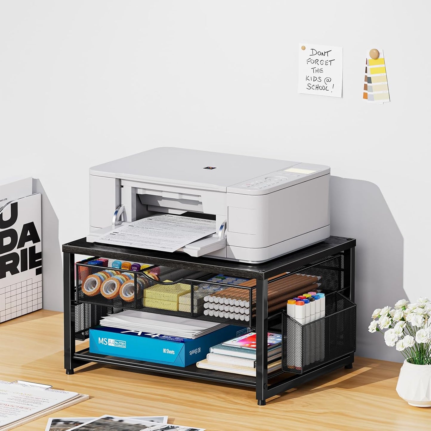 Marbrasse Wood Printer Stand for Desk, 2-Tier Desktop Printer Table for Home Office, Printer Stand with Storage Drawer 2 Pen Holders, Multi-Purpose Desk Organizer for Fax Machine Scanner (Wood Black)