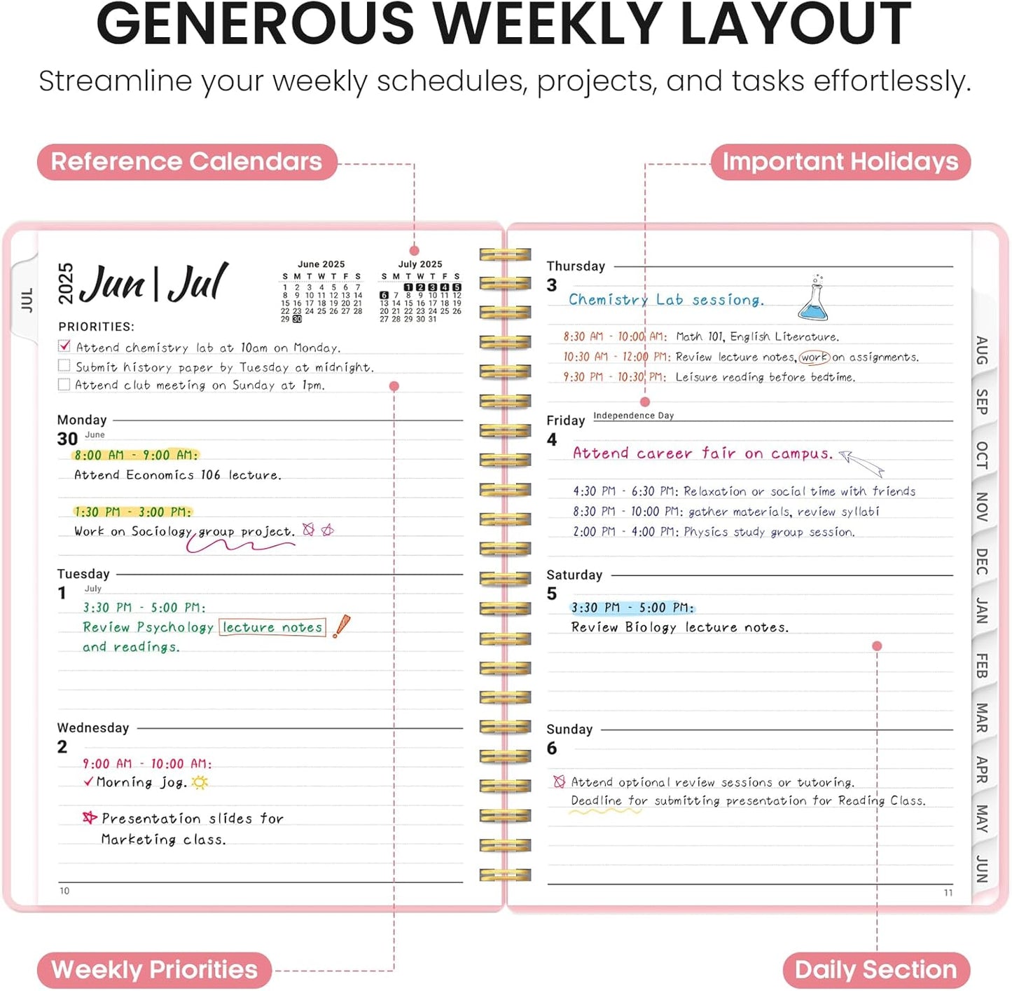 Planner 2025-2026, Academic Year Weekly and Monthly Calendar Planner, July 2025 - June 2026, Spiral Bound School Planning Tool, Perfect for Teacher, Student, Woman & Men - A4 (8.5" x 11"), Pink