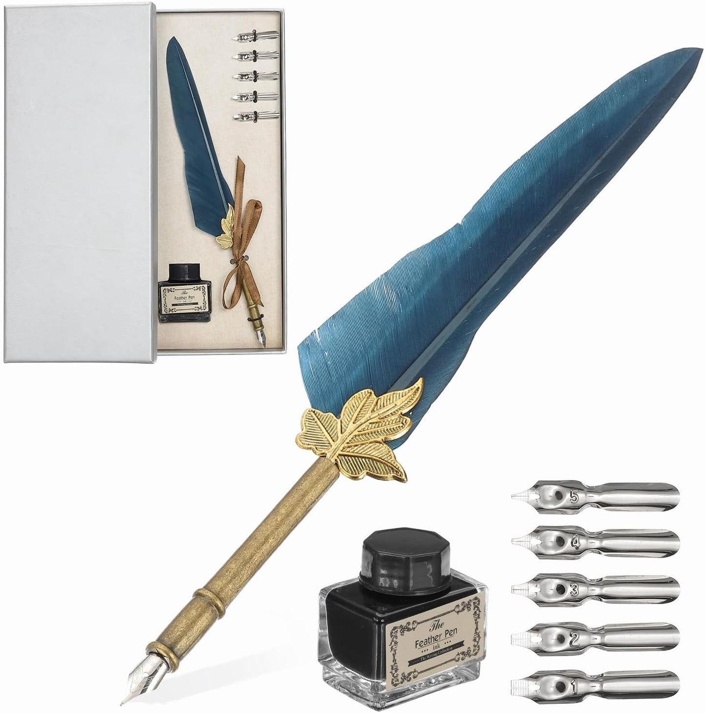 PATIKIL Feather Quill Pen Set, 1 Set Vintage Feather Calligraphy Pen Fountain Dip Pen Set with Ink, Pen Holder and Replacement Nibs for Beginner Writer Writing Gift, Navy Blue(Silver Box)