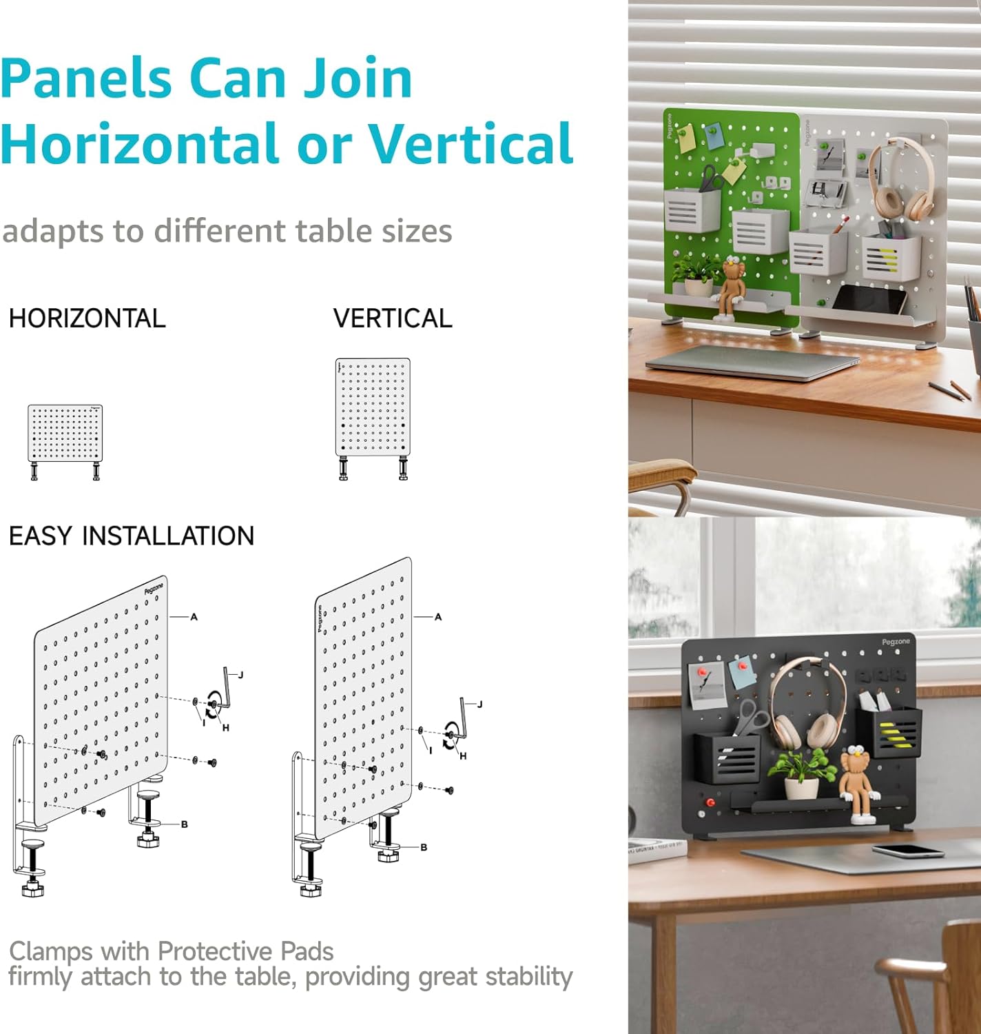 Clamp-on Desk Pegboard, Desk Organizer for Office Gaming Home, Magnetic Metal Peg Board with 10 Accessories, Privacy Panel for Office, 16.5" x 12.6", Medium, White