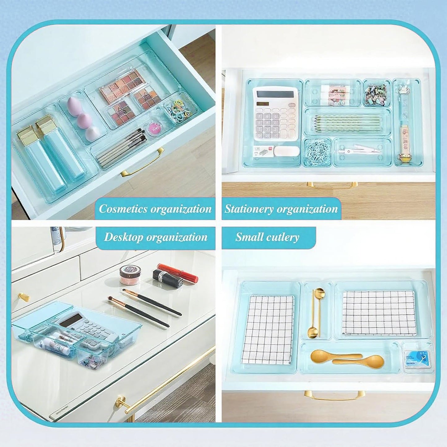 Kitchen Desk Drawer Organizers Storage for Office, Small Acrylic Vanity Trays Makeup Organizer for Drawer Bathroom Plastic Make up Organizers 25 Pcs Clear Blue