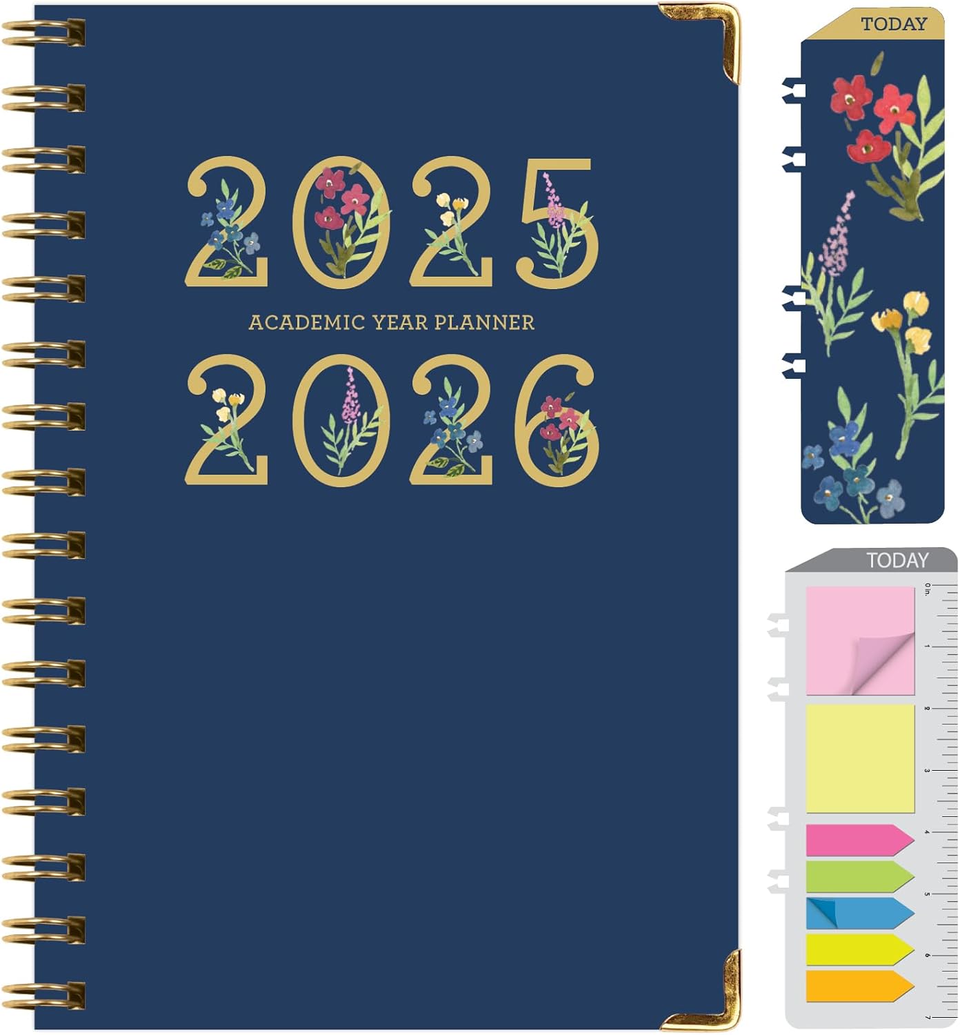 HARDCOVER Academic Year 2025-2026 Planner: (June 2025 Through July 2026) 5.5"x8" Daily Weekly Monthly Planner Yearly Agenda. Bookmark, Pocket Folder and Sticky Note Set (Navy Gold Numbers)