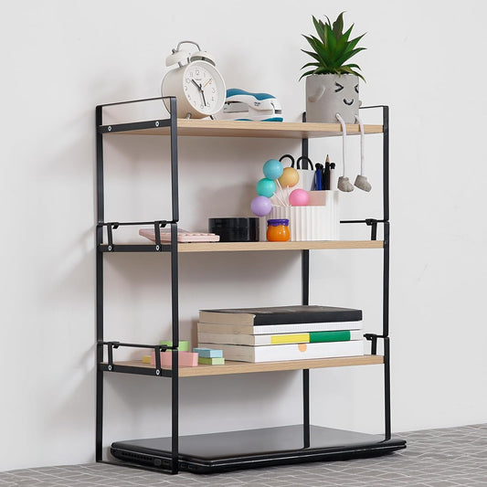 YGYQZ Wood Office Desk Shelf Organizer - Desktop Supplies Cute Dresser Top Organization Storage Rack and Cubicle Decor Aesthetic Bookshelf for Women Man and Kids (Black Wood-Three Tier)