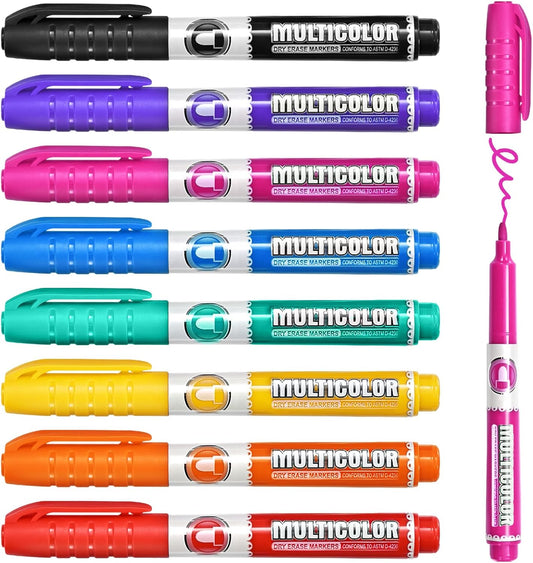 Dry Erase Markers, Fine Tip Whiteboard Marker, Low Odor Dry Marker, Fine Point Markers are pecfect for Whiteboard Mirrors Glass, Assorted Color Markers for School Office Home (8 Pack 8 Colors)
