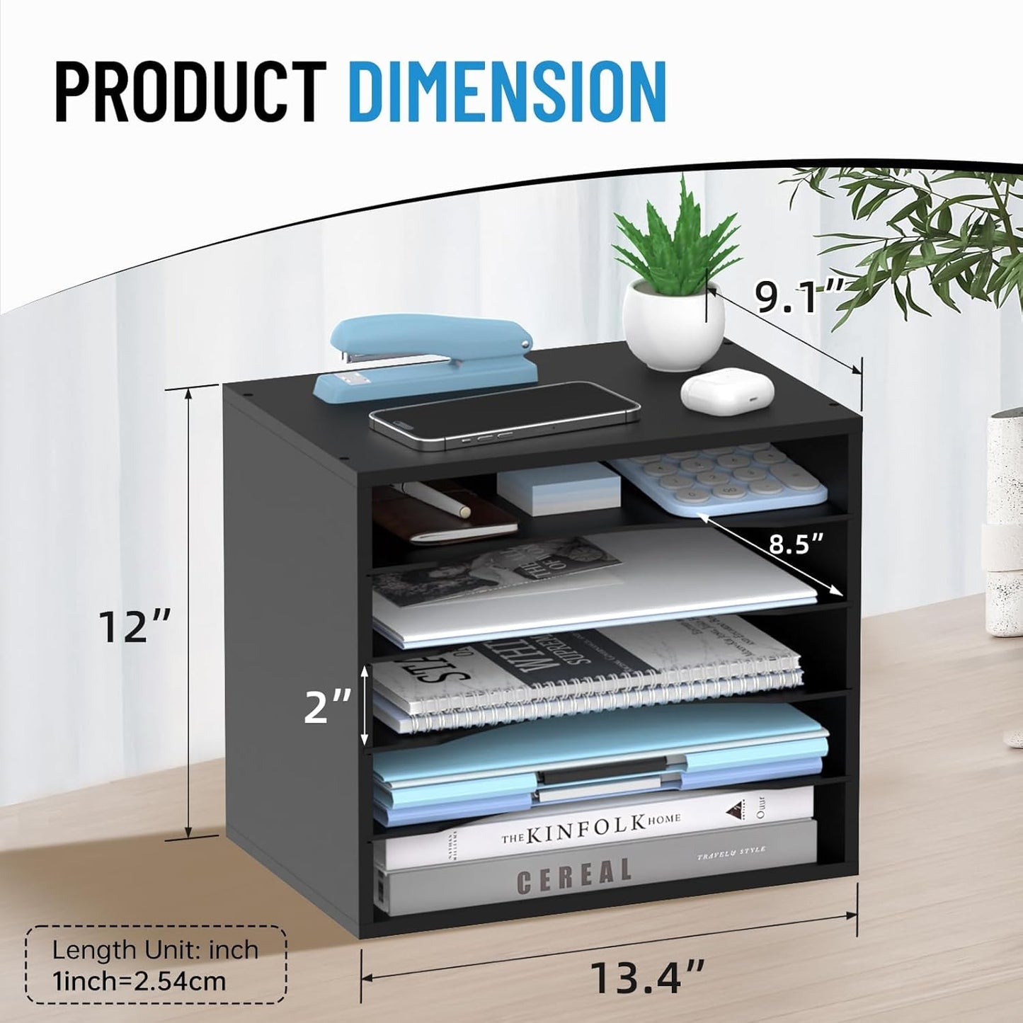 5-Tier Wood Desk Organizer, Paper Tray Organizer for Desk with Adjustable Storage Shelves, Desktop Paper Sorter Mail Holder for Office Home Classroom, Black