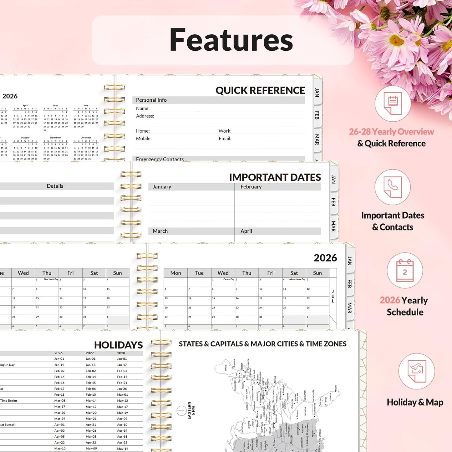 SUNEE Planner 2026 Weekly and Monthly, January 2026-December 2026, 6.4"x8.3", Tabs, Note Pages,Spiral Binding, Colorful Flowers
