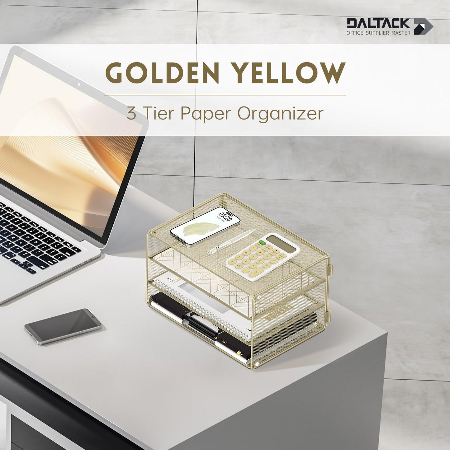 DALTACK 3 Tier Letter Tray Paper Organizer Mesh Metal Desk File Organizer for Home & Office, Golden Yellow