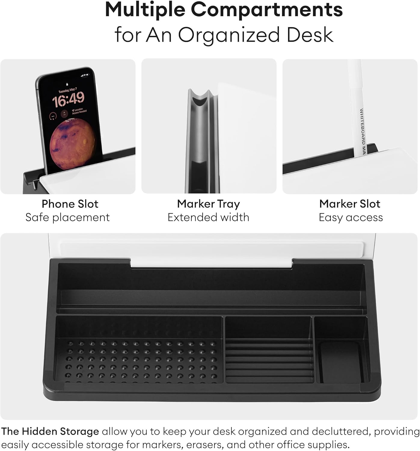 Glass Desktop Whiteboard with Storage 12"x6.5", Glass Whiteboard Desk Dry Erase Board w. 2 Markers,1 Eraser Monitor Mono Board, Office Desk Accessories, Work from Home Essentials