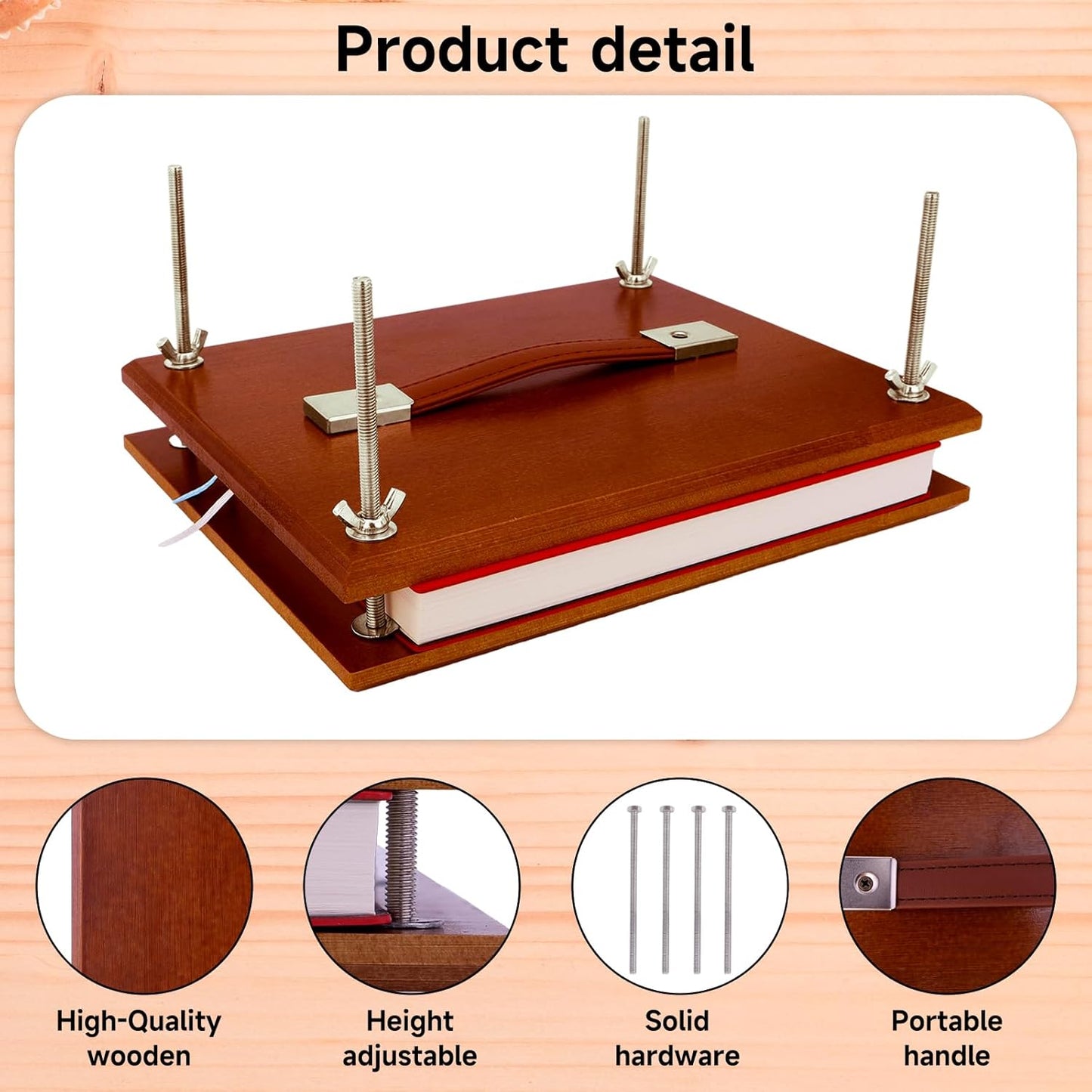 GeryVtee Wooden Book Press 9.8x7.87 inch Large Bookbinding Press Portable Binding Machine with Handle Easy Assemble Books Binding Tools for Craft Enthusiasts (Brown)