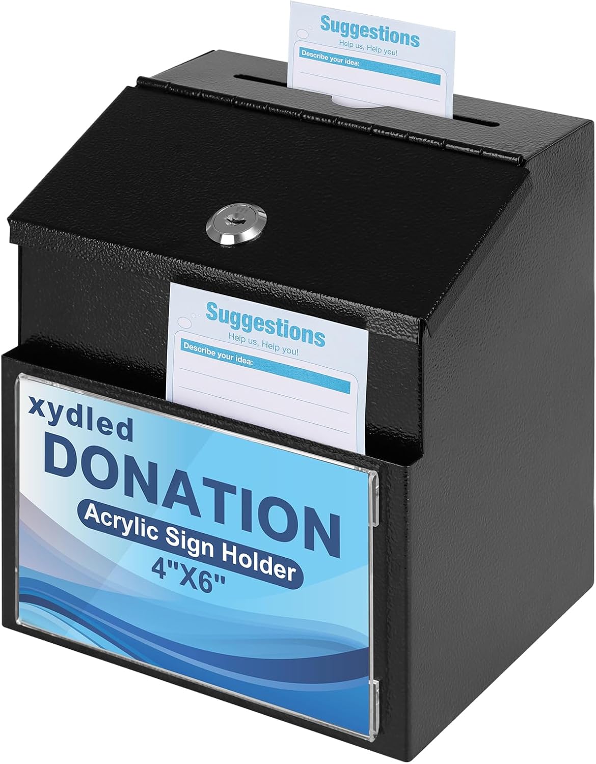 xydled Suggestion Box with Key Lock Magnetic Acrylic Sign Holder, Metal Donation Ballot Drop Box with Slot Tip Jar for Office, Fundraising, Church, School, 8.1'' x 7.1'' x 5.7'', Black