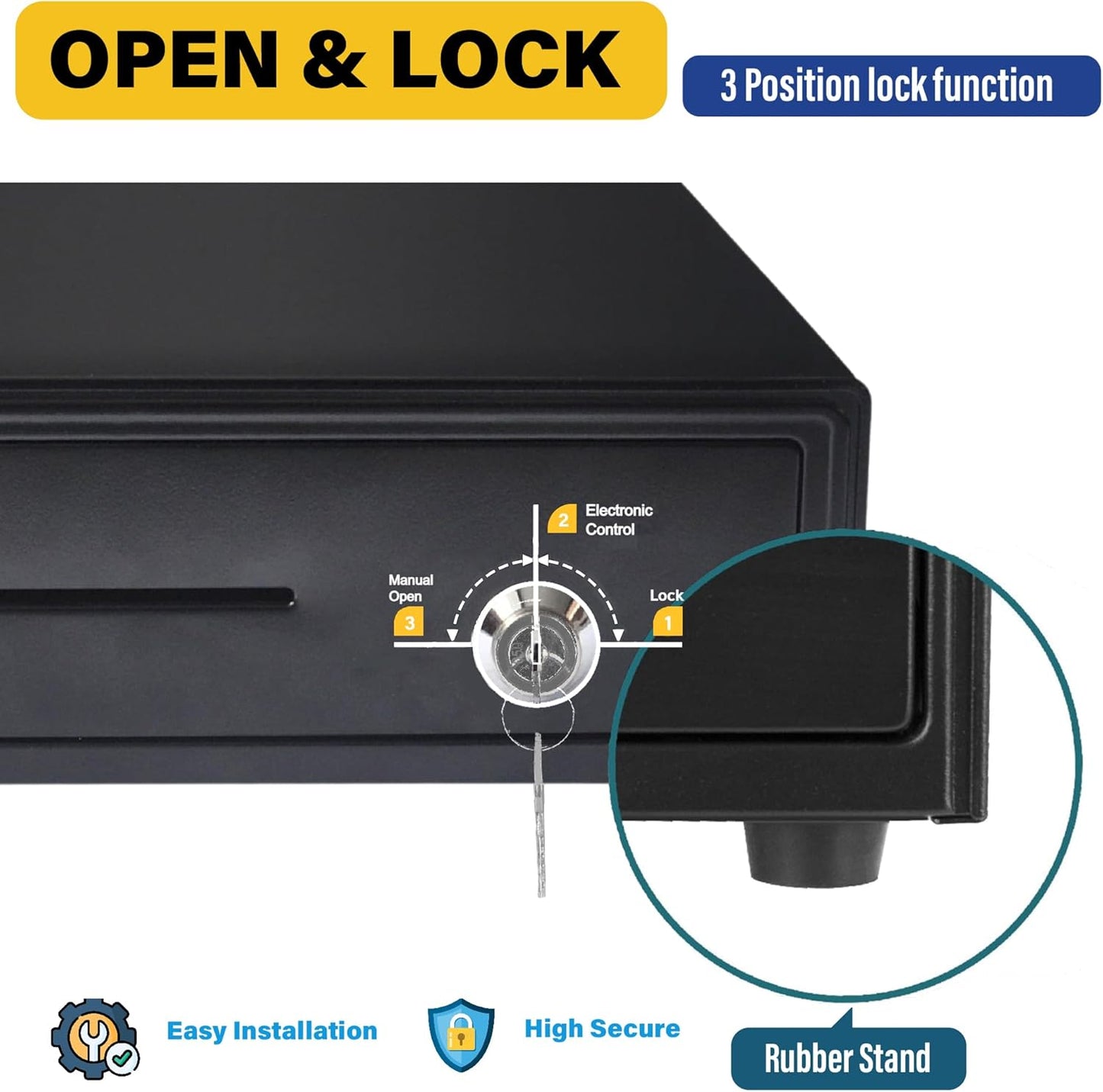 HK SYSTEMS 13inch Heavy Duty POS Cash Drawer with 4Bill/5Coin, Removable Coin Compartment, 24V, RJ11, Single Large Media Slot, Black