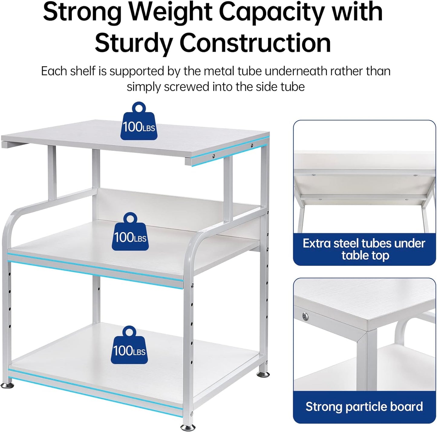 White Printer Stand, 23.6 x18.9 x 30 Inches Big Size Printer Table with Adjustable Shelf, 3 Tier Rolling Printer Cart with Wheels for Home Office Storage and Organization