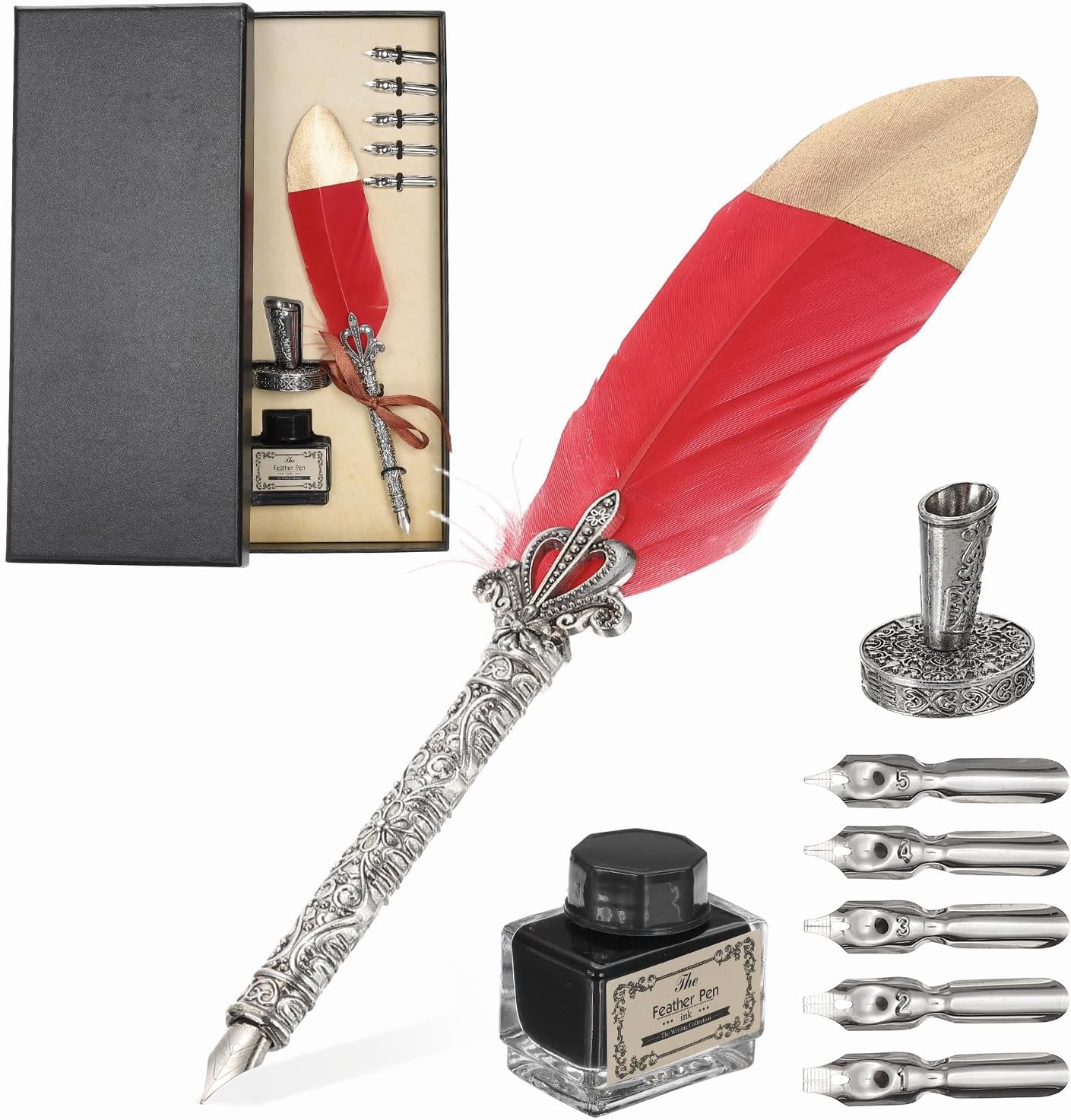 PATIKIL Feather Quill Pen Set, 1 Set Vintage Feather Calligraphy Pen Fountain Dip Pen Set with Ink, Pen Holder and Replacement Nibs for Beginner Writer Writing Gift, Red