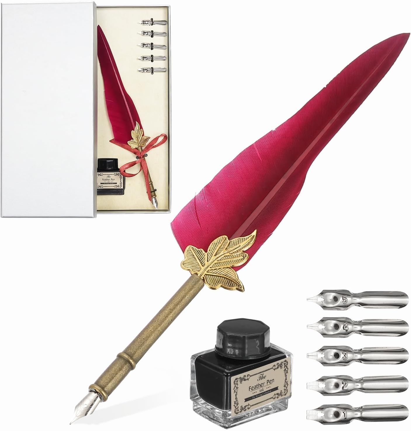 PATIKIL Feather Quill Pen Set, 1 Set Vintage Feather Calligraphy Pen Fountain Dip Pen Set with Ink, Pen Holder and Replacement Nibs for Beginner Writer Writing Gift, Dark Red(Silver Box)