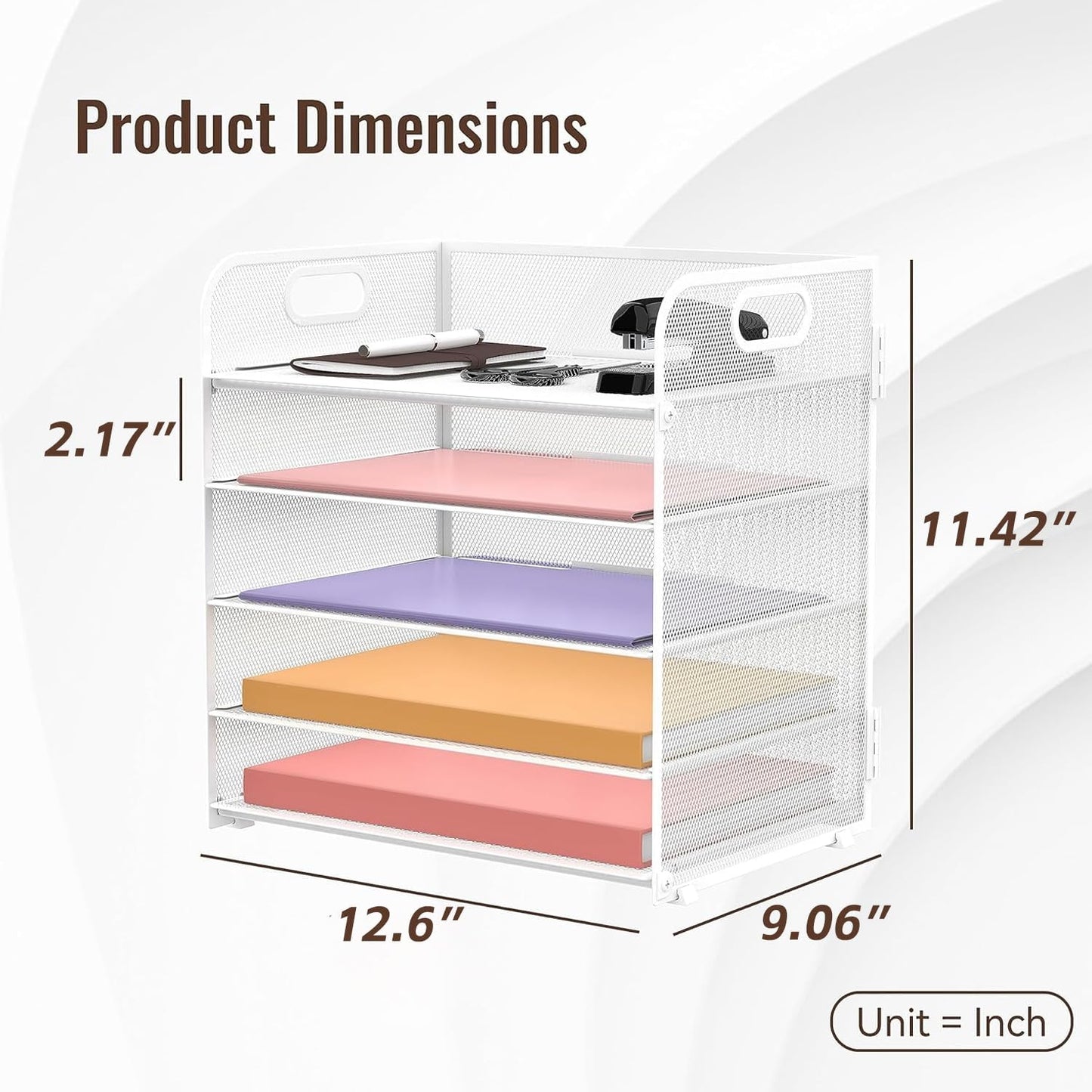 2 Pack 5-Tier White Desk Organizer with Handle Mesh Desk File/Paper Organizer Letter Tray for Office, School and Home Easy Installation