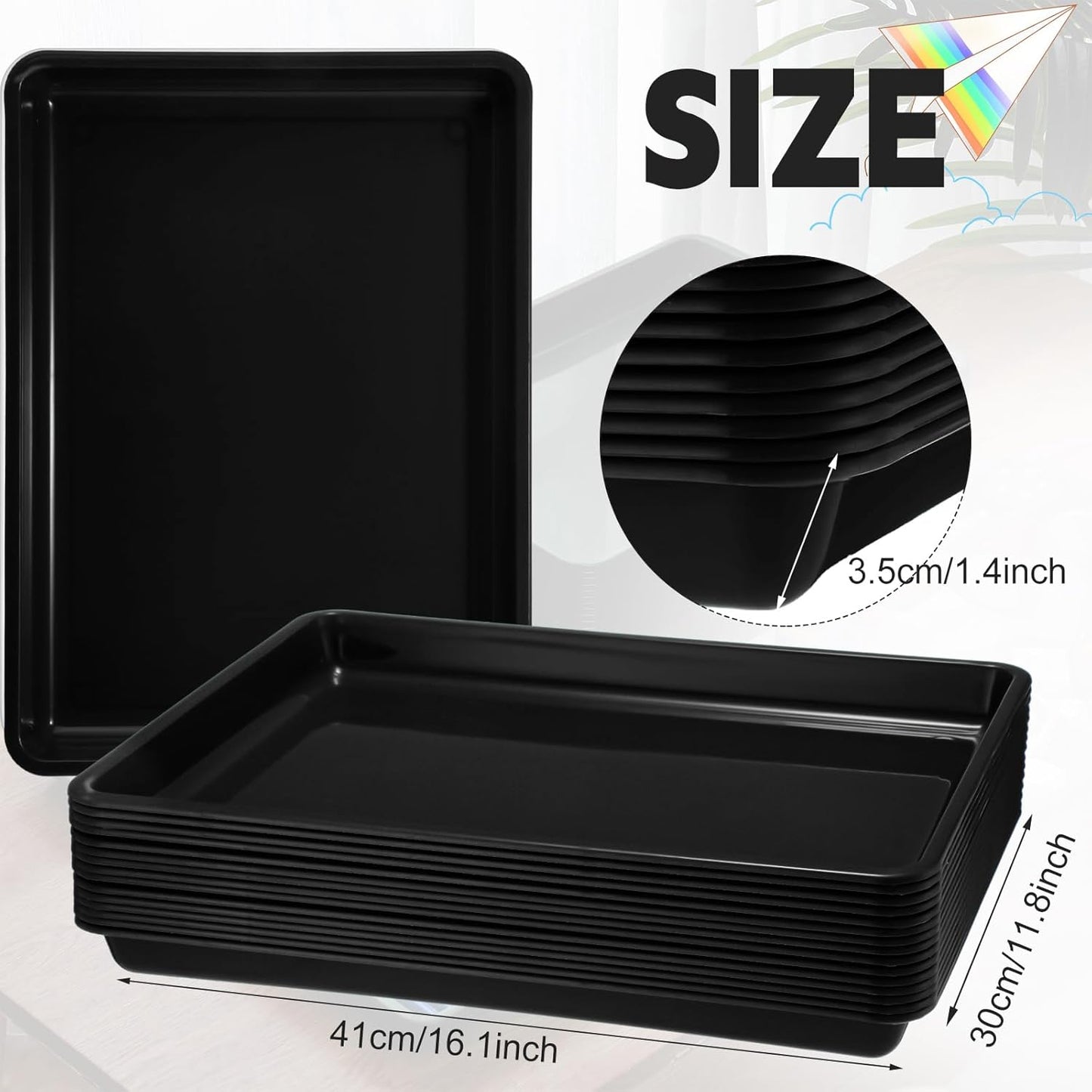 Maitys 15 Pcs Flat Plastic Trays 16.1 x 11.8'' Sensory Storage Tray Paper Stackable Classroom Bins for Office Home Organizer Arts and Crafts Supplies(Black)