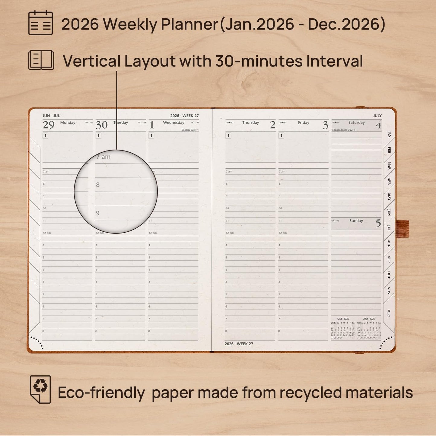 POPRUN 2026 Planner - 2026 Recycled Weekly Planner[6.5''x 8.5''- Italian Regenrated Leather Hard Cover] with Hourly Schedule & Vertical Weekly Layout, Monthly Tabs, Inner Pocket - Black Grey