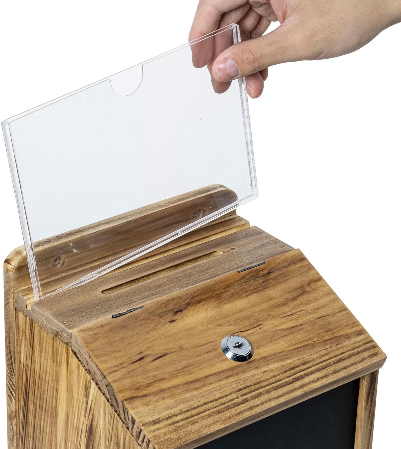 MyGift Rustic Burnt Wood Wall Mountable Fundraising Donation Suggestion Box / Comment Ballot Box with Lock and Key, Clear Acrylic Sign Holder and Chalkboard Surface