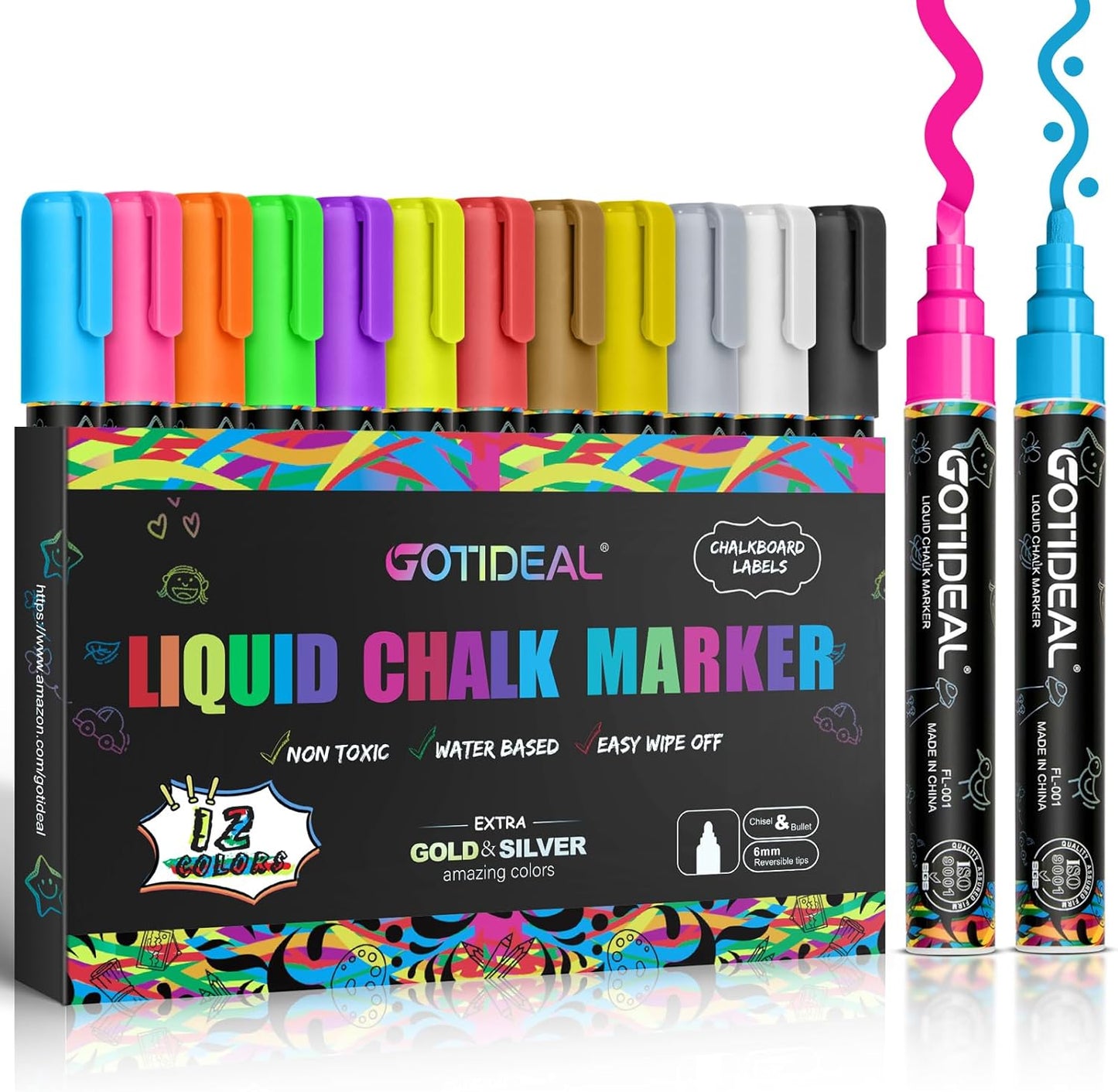 GOTIDEAL Chalk Markers, 12 Colors Liquid Chalk Markers for Blackboard Chalkboard Calendar Glass Neon Pens, Washable Window markers Paint and Drawing for Car, Auto, Bistro,Mirror Wet Erase Chisel Tip