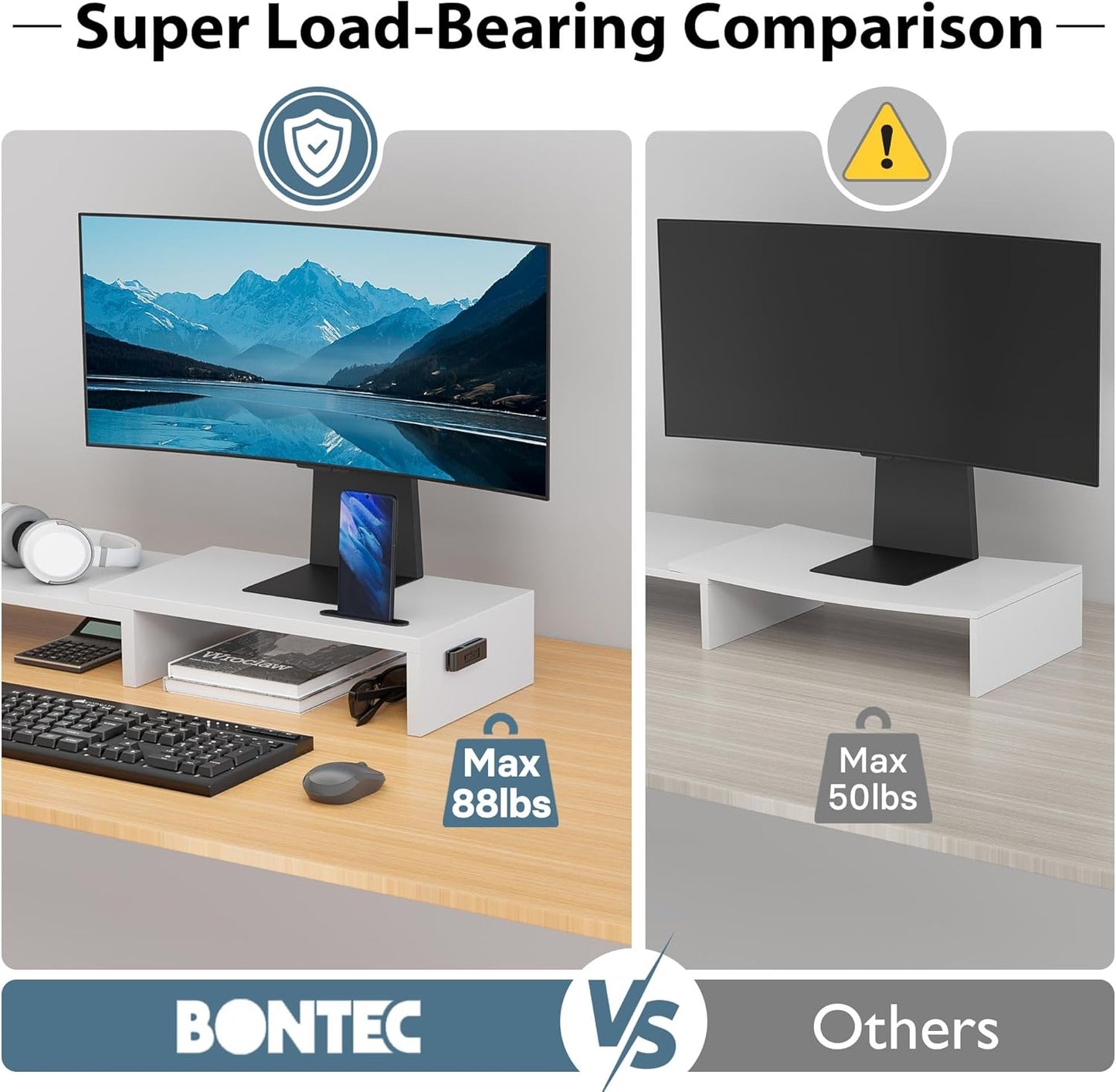 BONTEC Dual Monitor Stand for Desk, Adjustable Length and Angle Monitor Stand Riser with Smartphone Holder, Desk Shelf for Top of Desk, Computer Monitor Stand with Storage, Office Desk Organizer, White