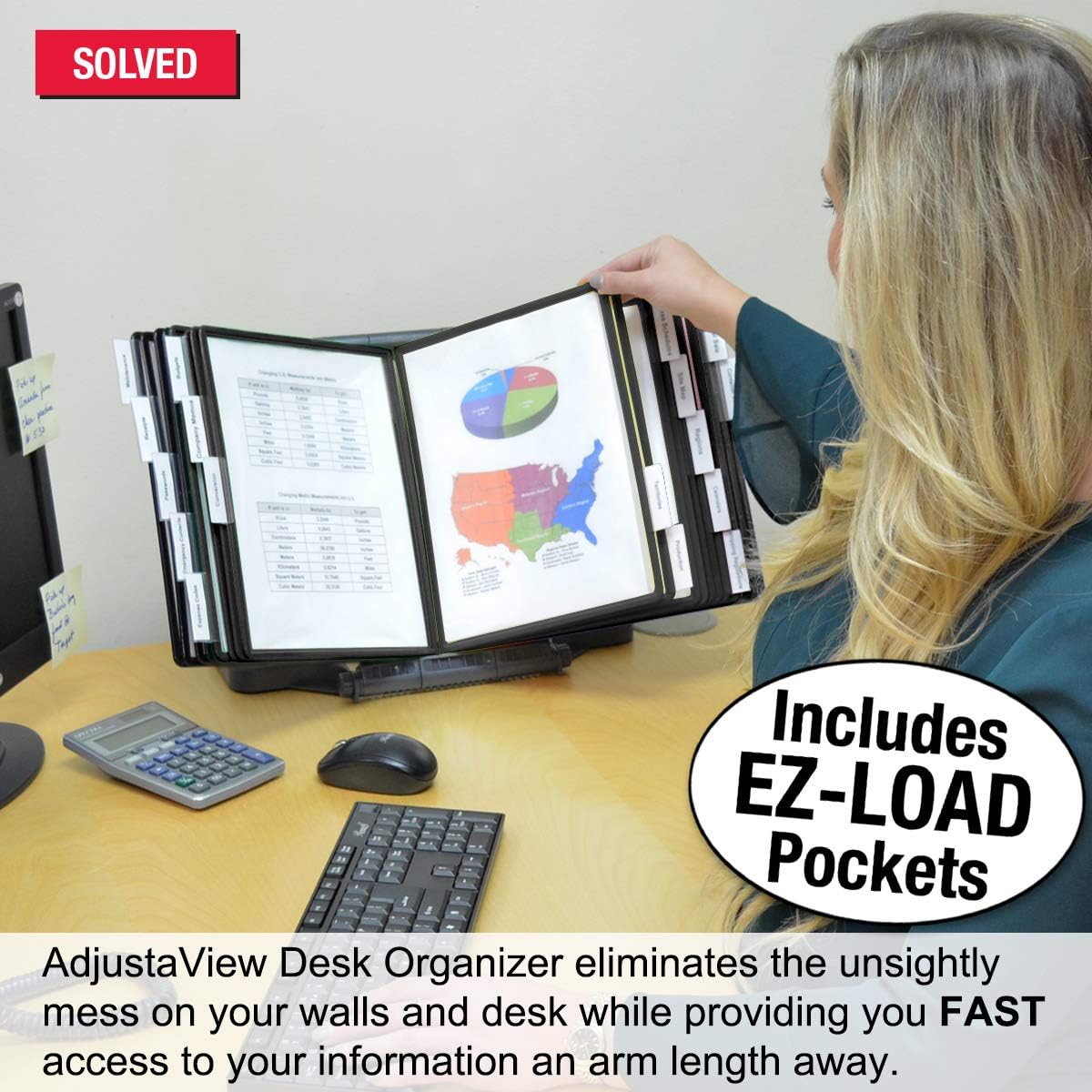 Ultimate Office AdjustaView 20-Pocket Desk Reference Organizer with Easy-Load Pockets and Compact Weighted Base for Stability, Black Pockets