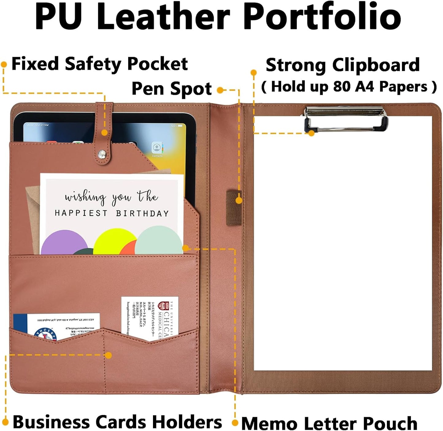 Portfolio Folder Padfolio with A4 Clipboard, PU Leather Portfolio Clipboard Business Binder Writing Clip Board Organizer for Legal Documents Business Card Men Women Brwon