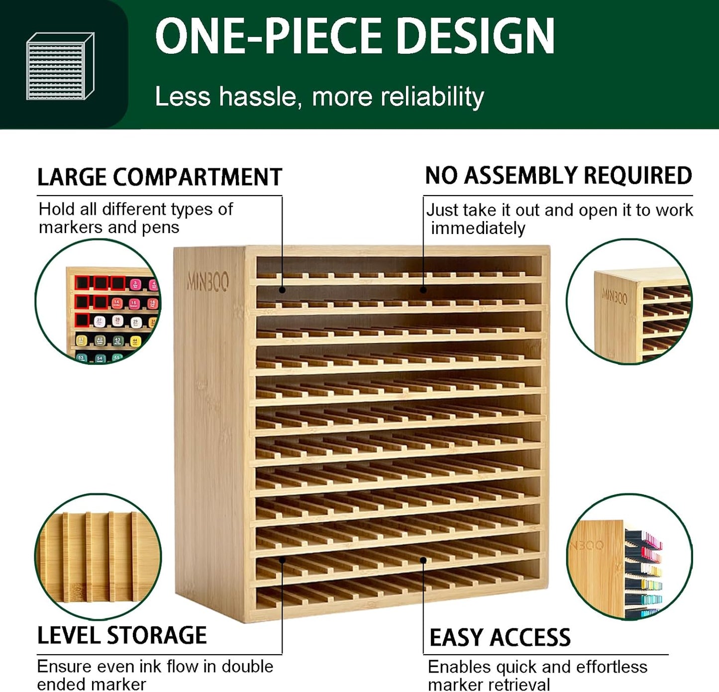 MinBoo Marker Organizer for 144 Markers, Bamboo Art Supply Storage Organizer Rack, Art Markers Pens Colored Pencils Paint Brushes Stationary Organizer Holder for Home Classroom Office Desk Decor