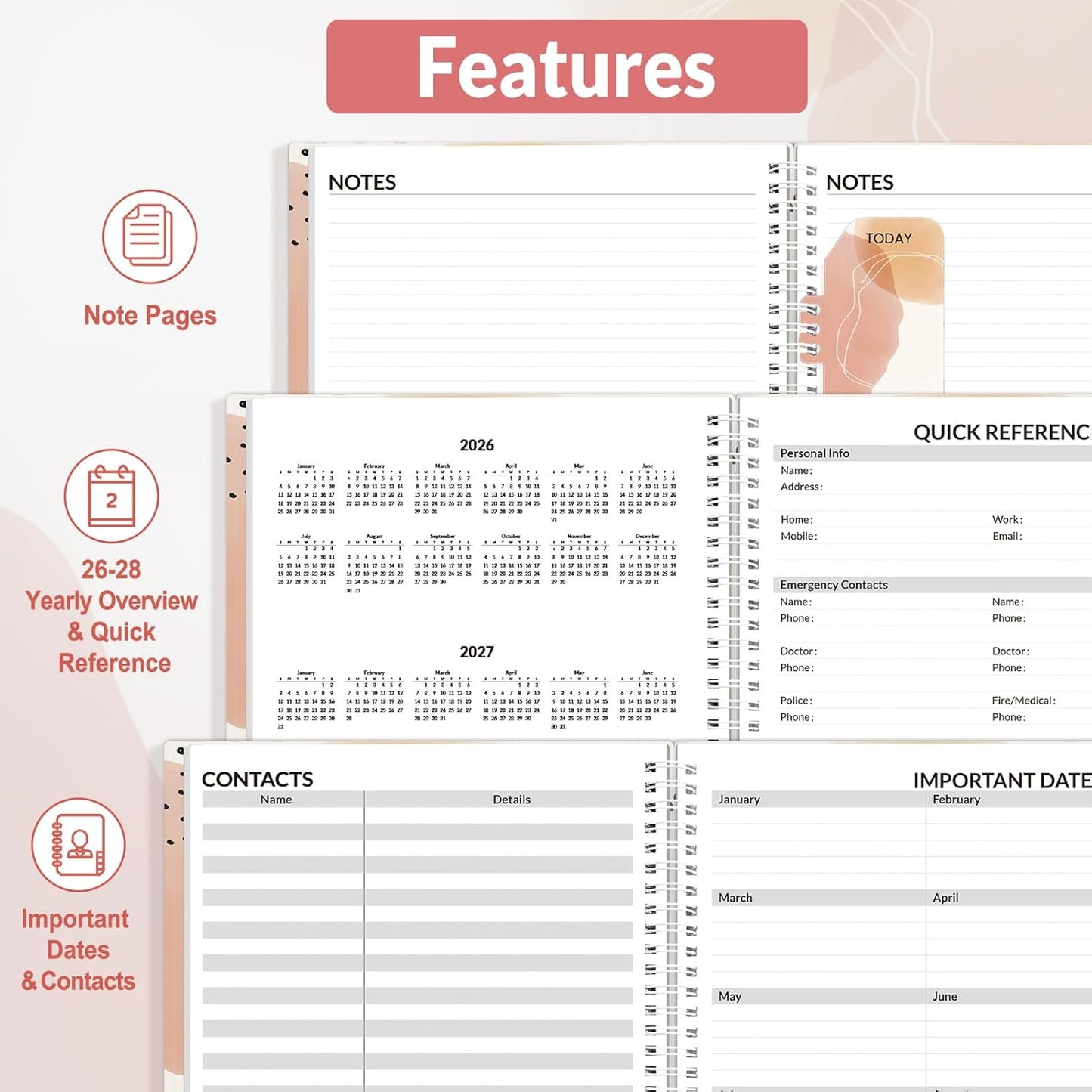 SUNEE 2026 Appointment Book, Quarter-Hourly, Weekly & Monthly - from January 2026 - December 2026, 6.4"x8.3" Weekly Planner, Flexible Cover, Note Pages, Pockets, Bookmark, Spiral Binding, Pink Breeze